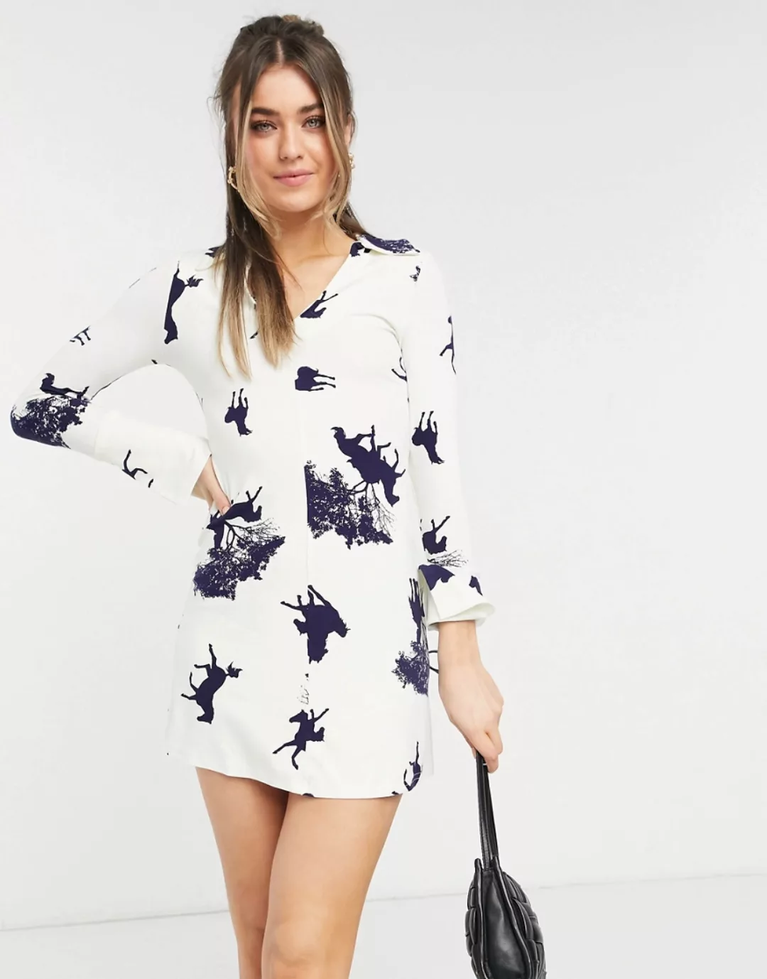 ASOS DESIGN – Minikleid in Creme mit Kragen, ausgestellten Ärmeln und schwa günstig online kaufen