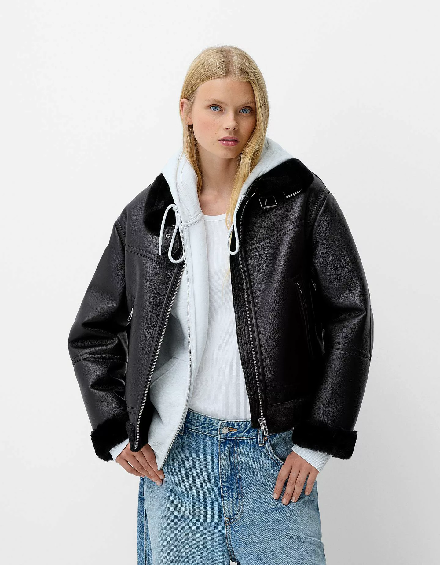 Bershka Doubleface-Jacke Aus Kunstpelz Damen L Schwarz günstig online kaufen