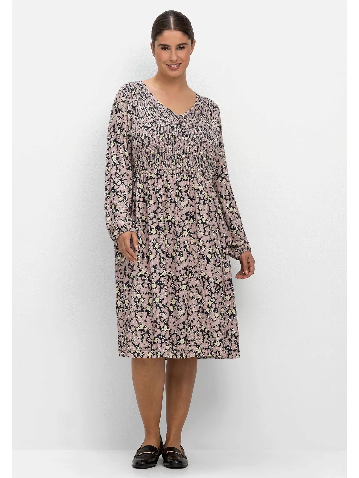 Sheego Jerseykleid "Große Größen", mit Alloverdruck und Smok-Oberteil günstig online kaufen