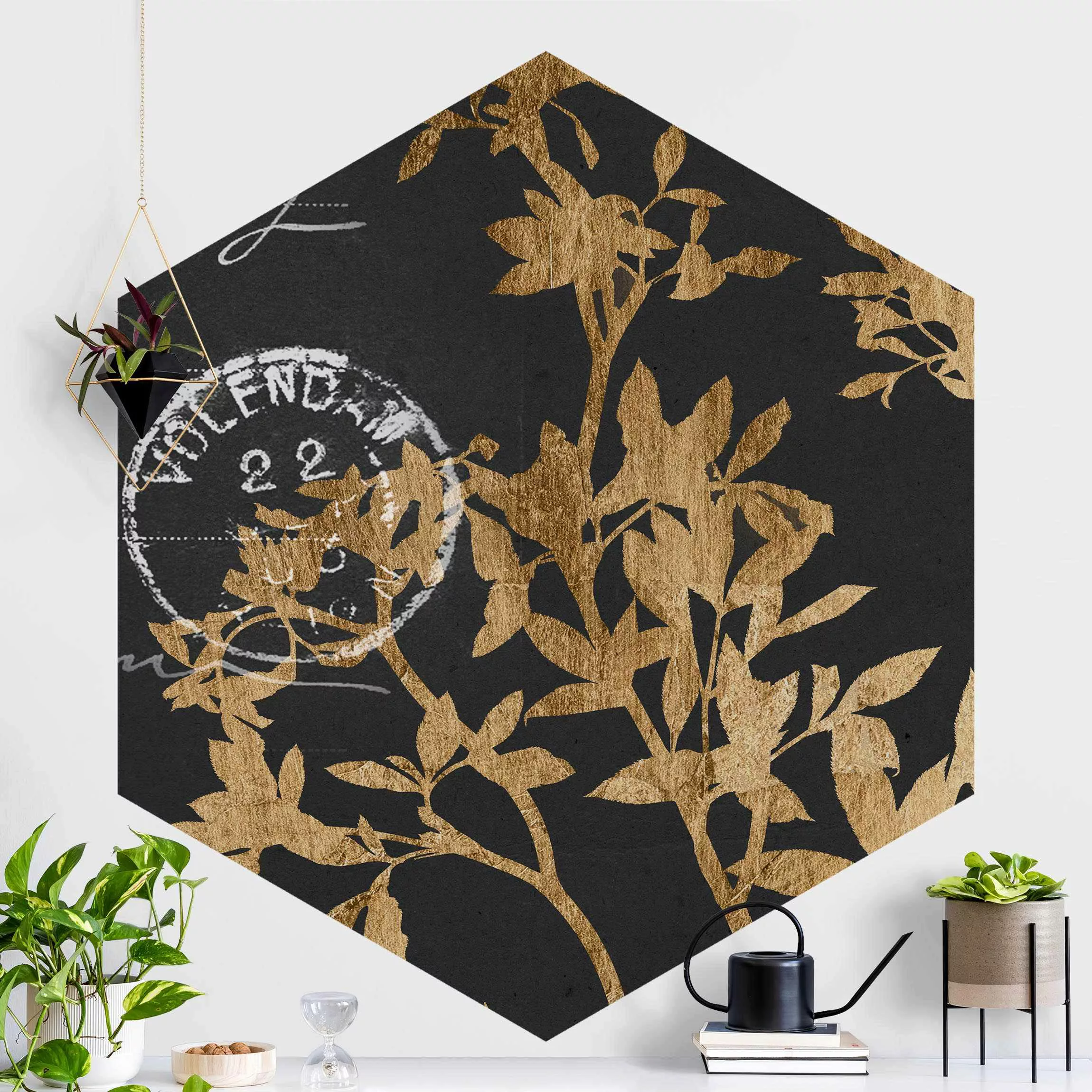 Hexagon Fototapete selbstklebend Goldene Blätter auf Mokka II günstig online kaufen