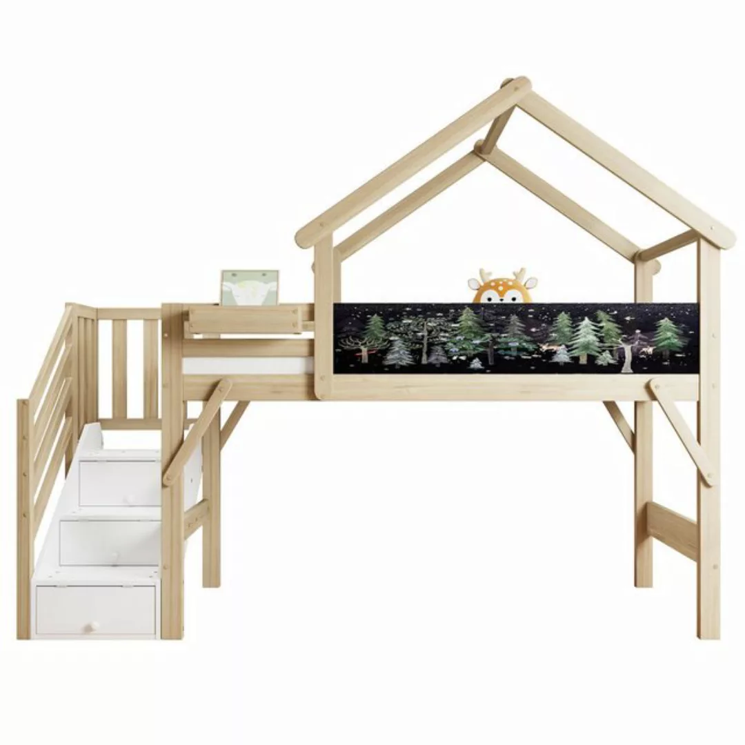 SOFTWEARY Hochbett mit Lattenrost und Treppe (90x200 cm) Kinderbett mit Rau günstig online kaufen