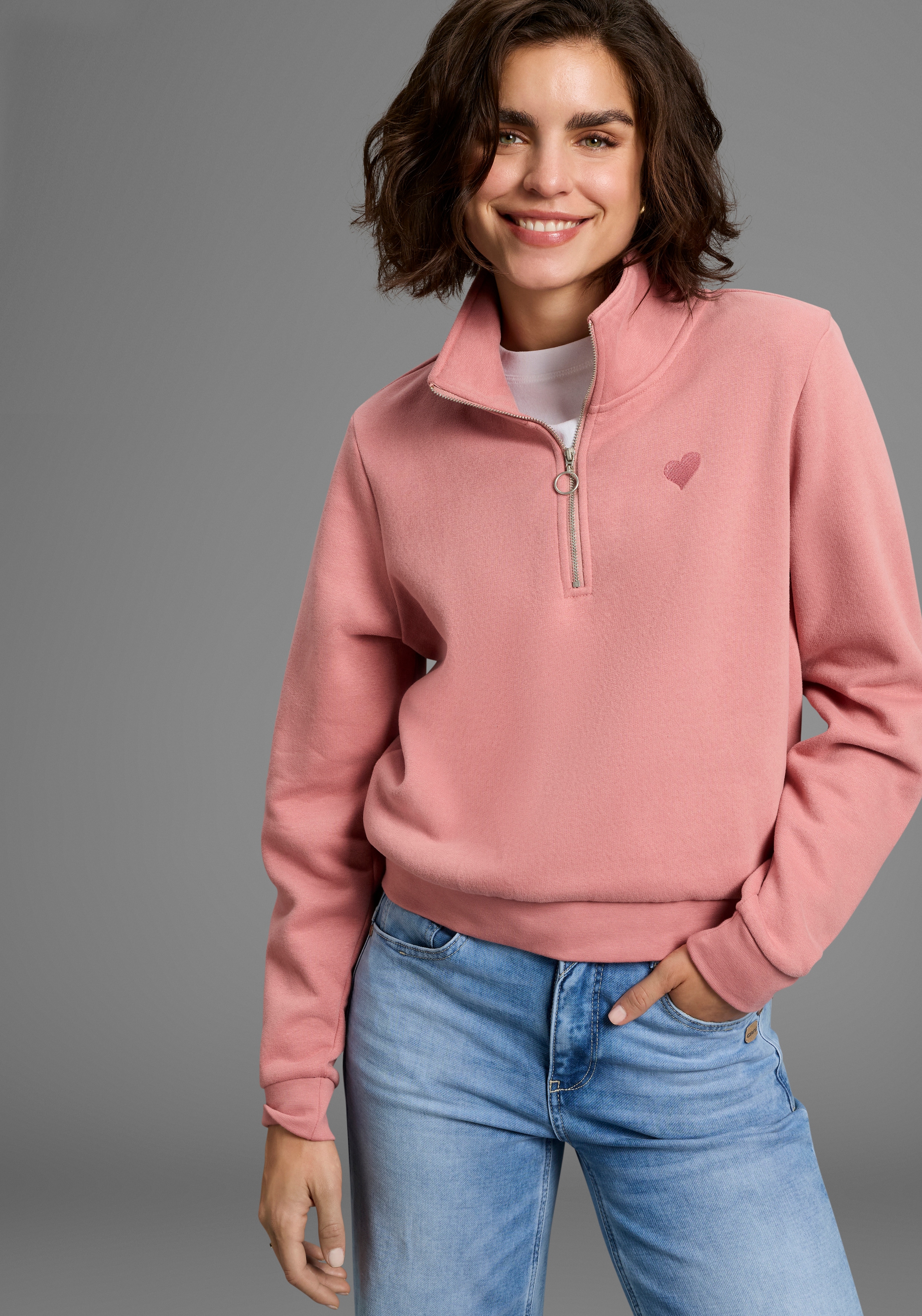 Laura Scott Sweater, Weiche Baumwollmischung mit Troyer‑Kragen und Reißvers günstig online kaufen