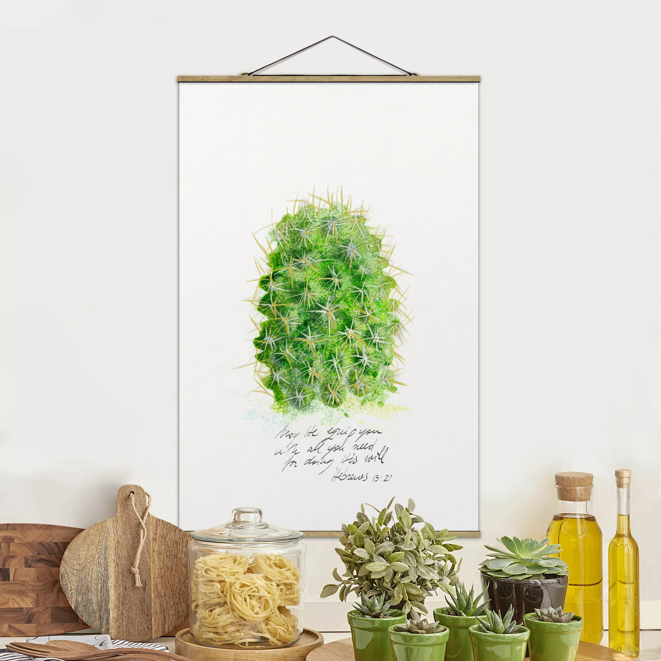 Stoffbild Blumen mit Posterleisten - Hochformat Kaktus mit Bibelvers I günstig online kaufen