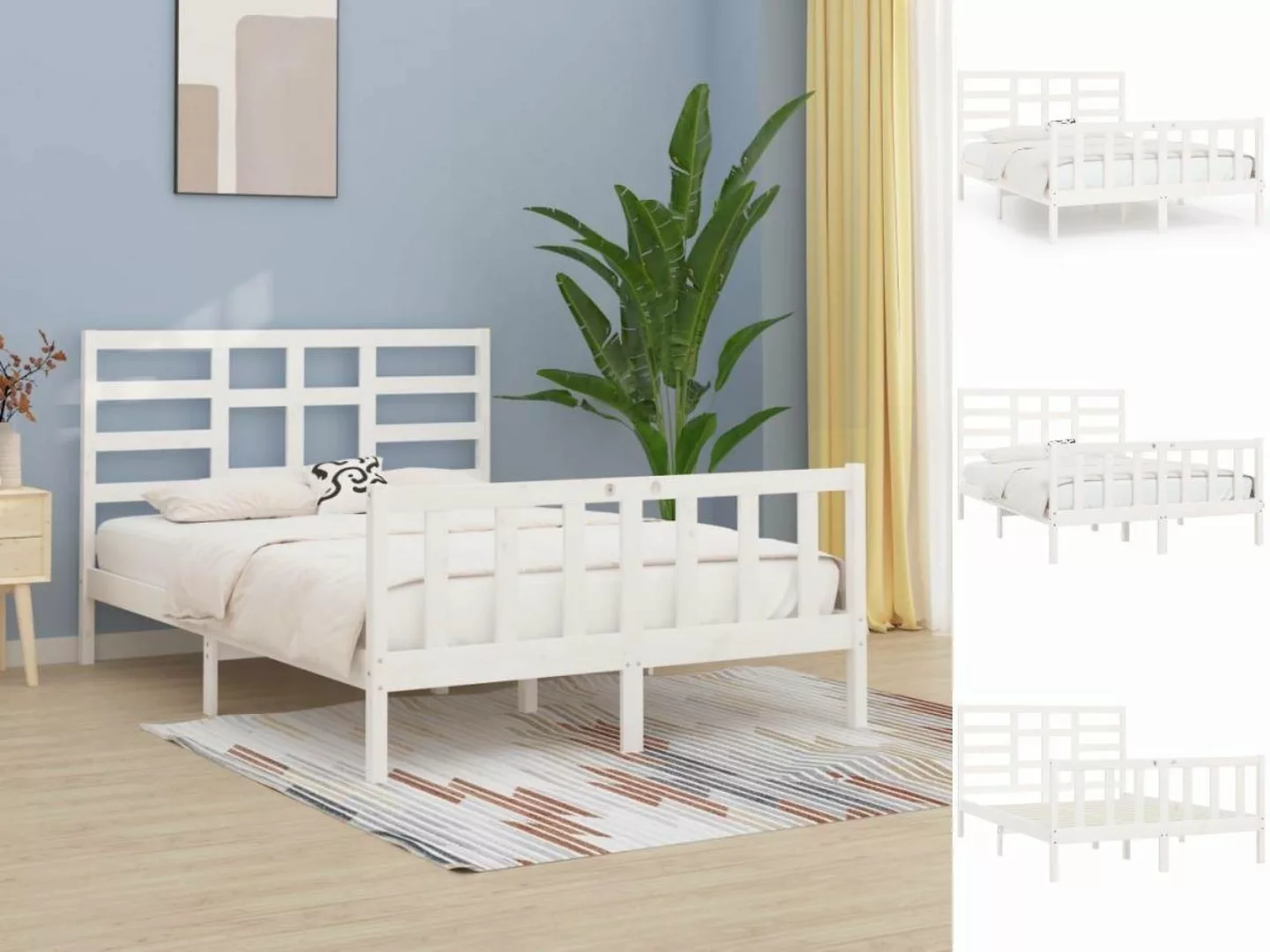 vidaXL Bettgestell Massivholzbett Weiß 150x200 cm 5FT King Size Bett Bettge günstig online kaufen