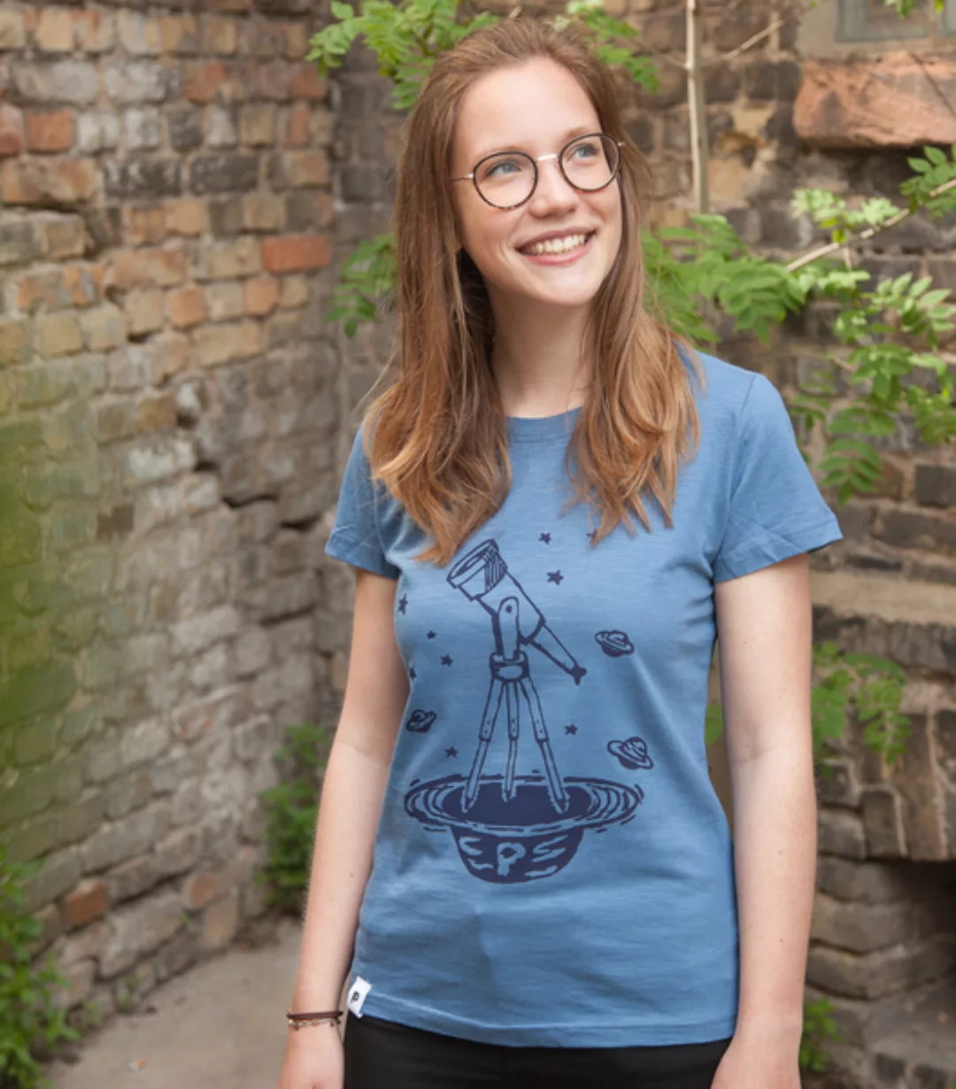 Teleskop Mit Sternen - Frauen T-shirt - Aus Baumwolle Bio - Slub Blau günstig online kaufen