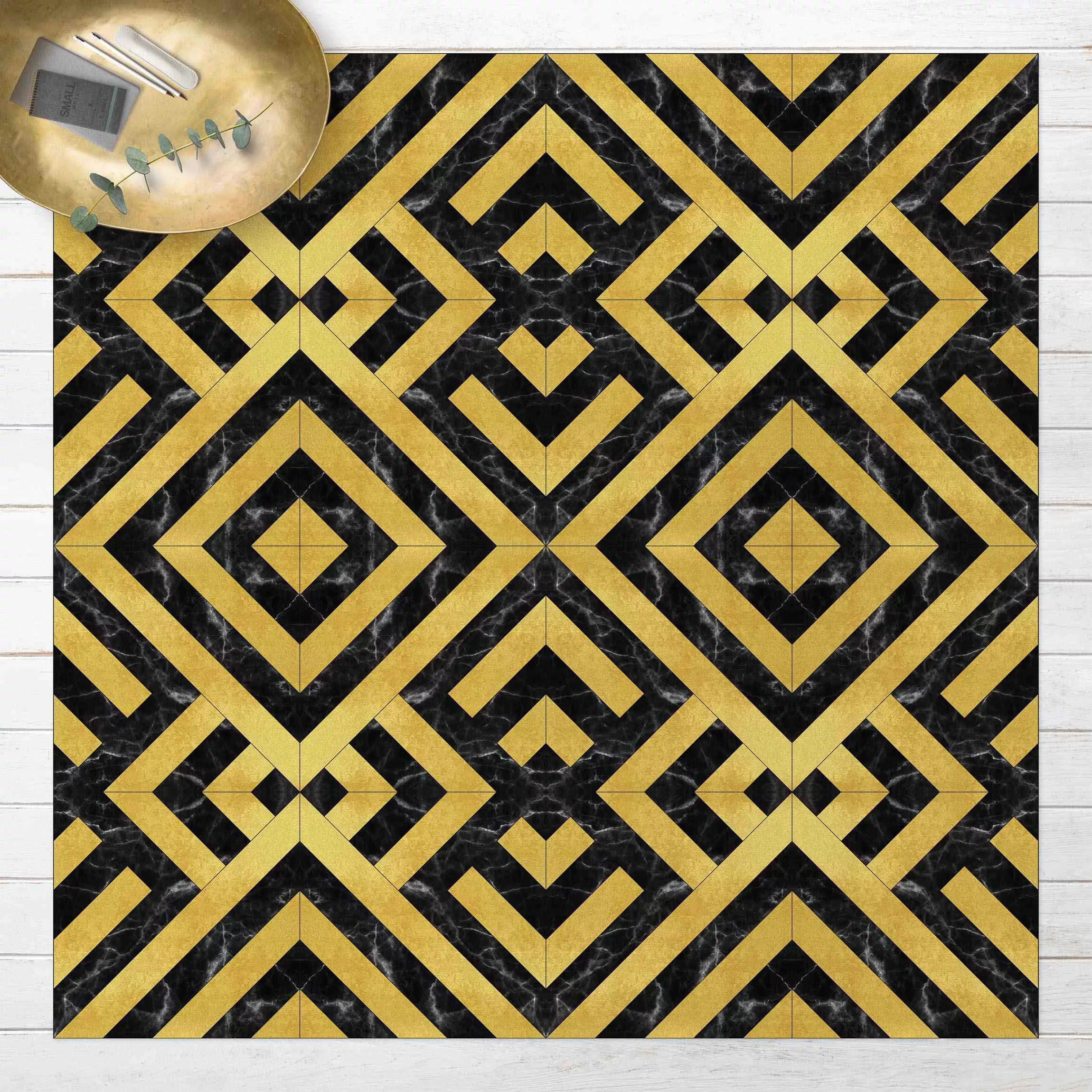 Vinyl-Teppich Geometrischer Fliesenmix Art Deco Gold Schwarzer Marmor günstig online kaufen