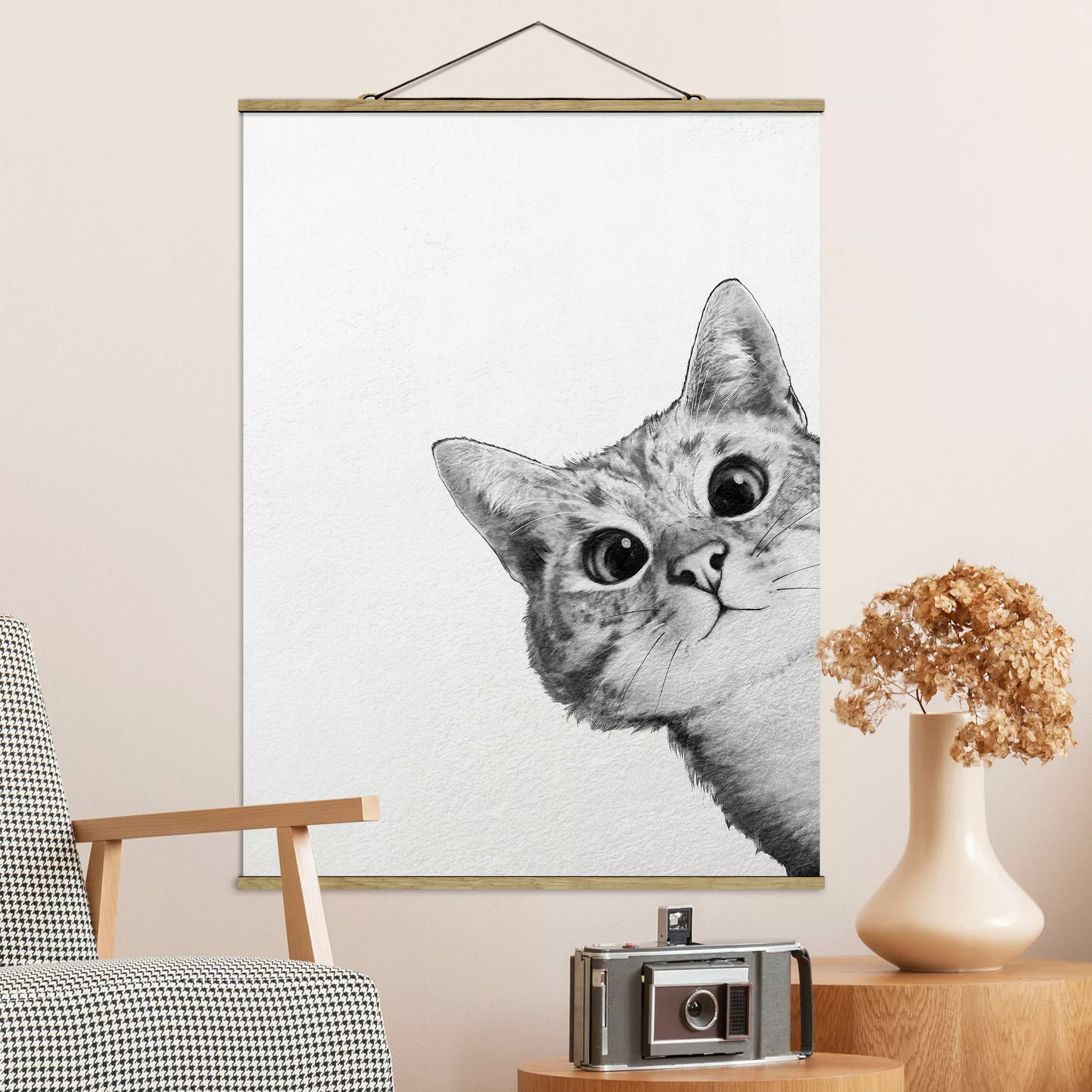 Stoffbild Tiere mit Posterleisten - Hochformat Illustration Katze Zeichnung günstig online kaufen