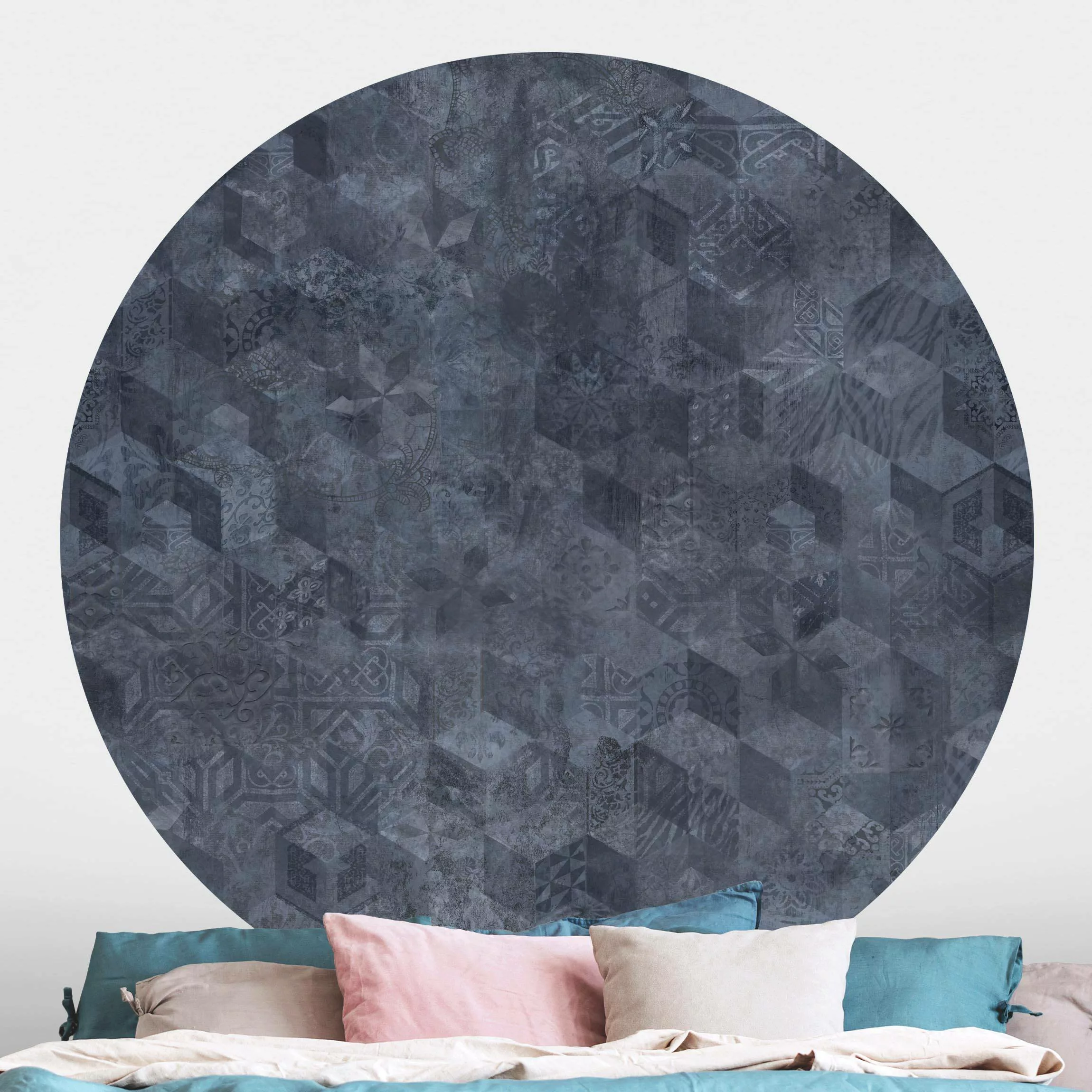 Runde Tapete selbstklebend Geometrisches Vintage Muster mit Ornamenten Blau günstig online kaufen