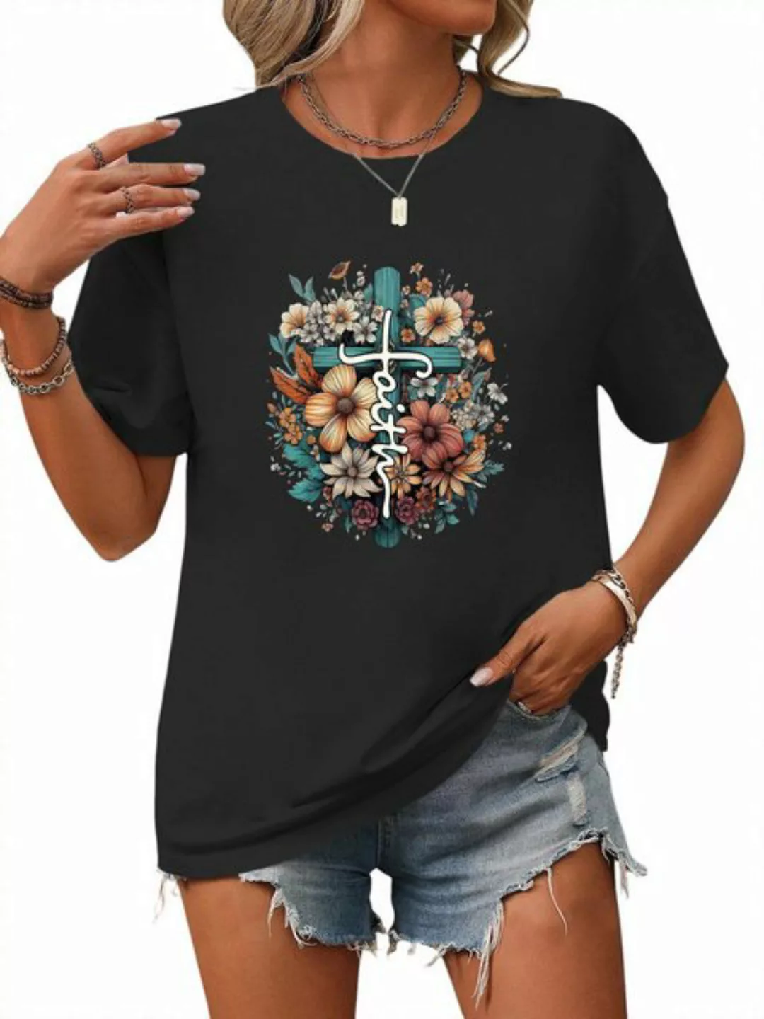 PYL Kurzarmshirt Damen Sommer Kurzarmbluse Locker Blumen Print-Shirt günstig online kaufen