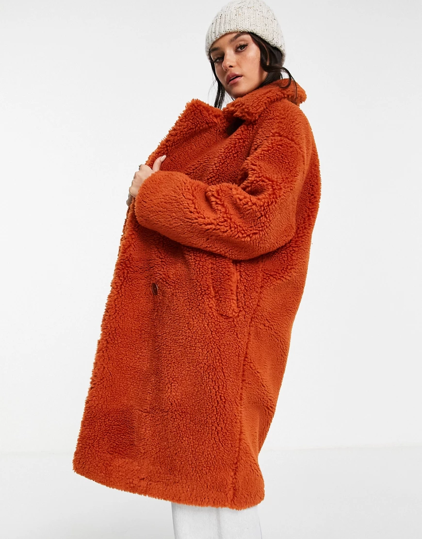 Monki – Mantel in Rostrot mit Teddyfell-Orange günstig online kaufen