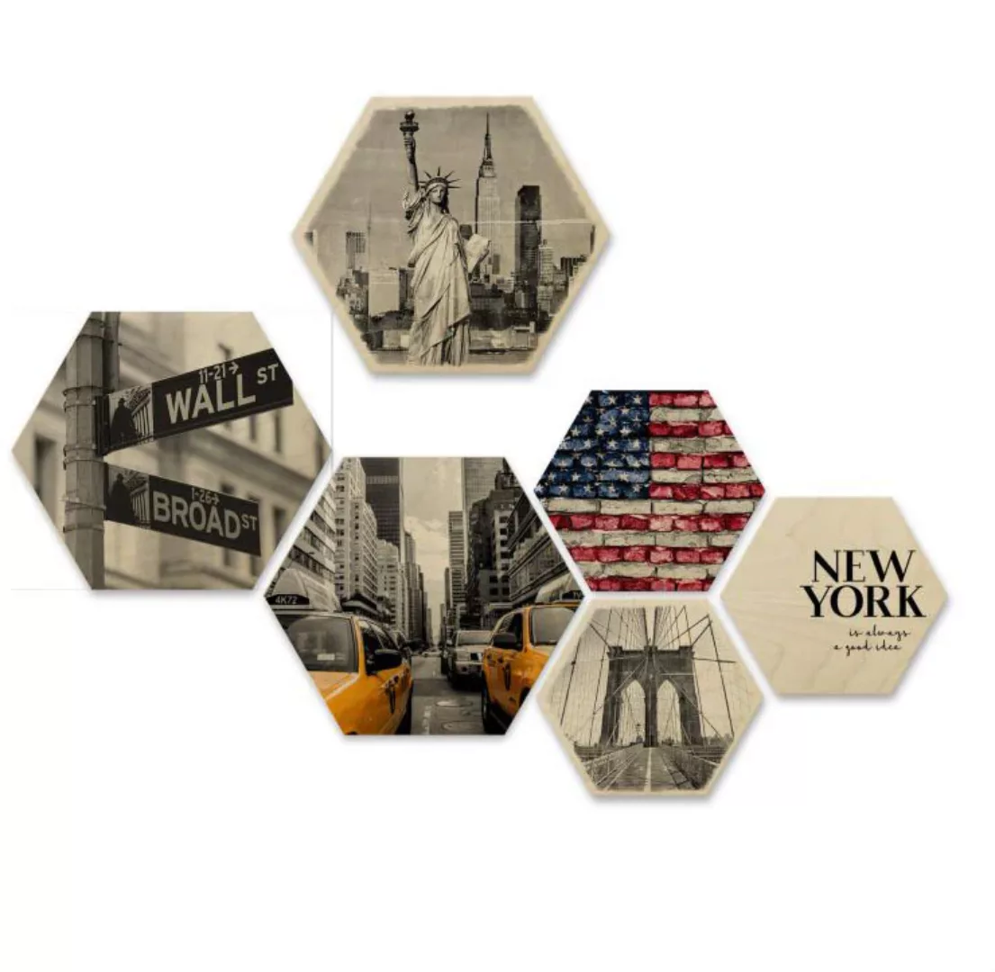 Wall-Art Mehrteilige Bilder »New York Collage Stadt Holzdeko«, (Set, 6 St., günstig online kaufen