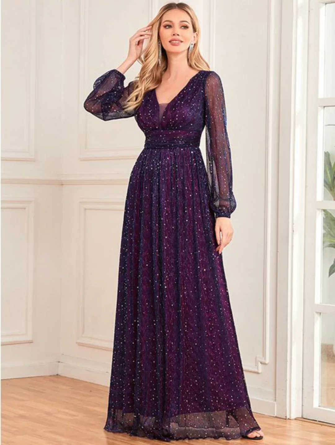 ZWY Abendkleid Glitzerndes, plissiertes Stretch-Langarmkleid für Damen V-Au günstig online kaufen