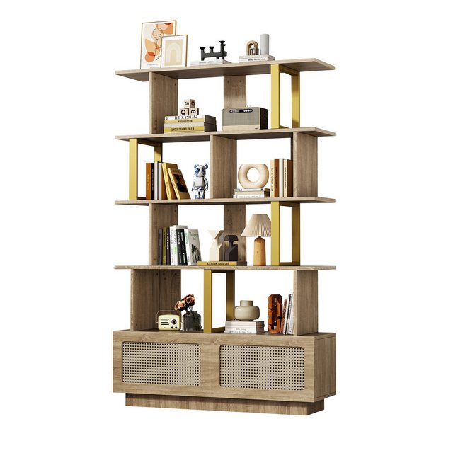 Odikalo Bücherregal Einlegeböden 105x31,7x160cm Rattantüren Sicherheitsvorr günstig online kaufen