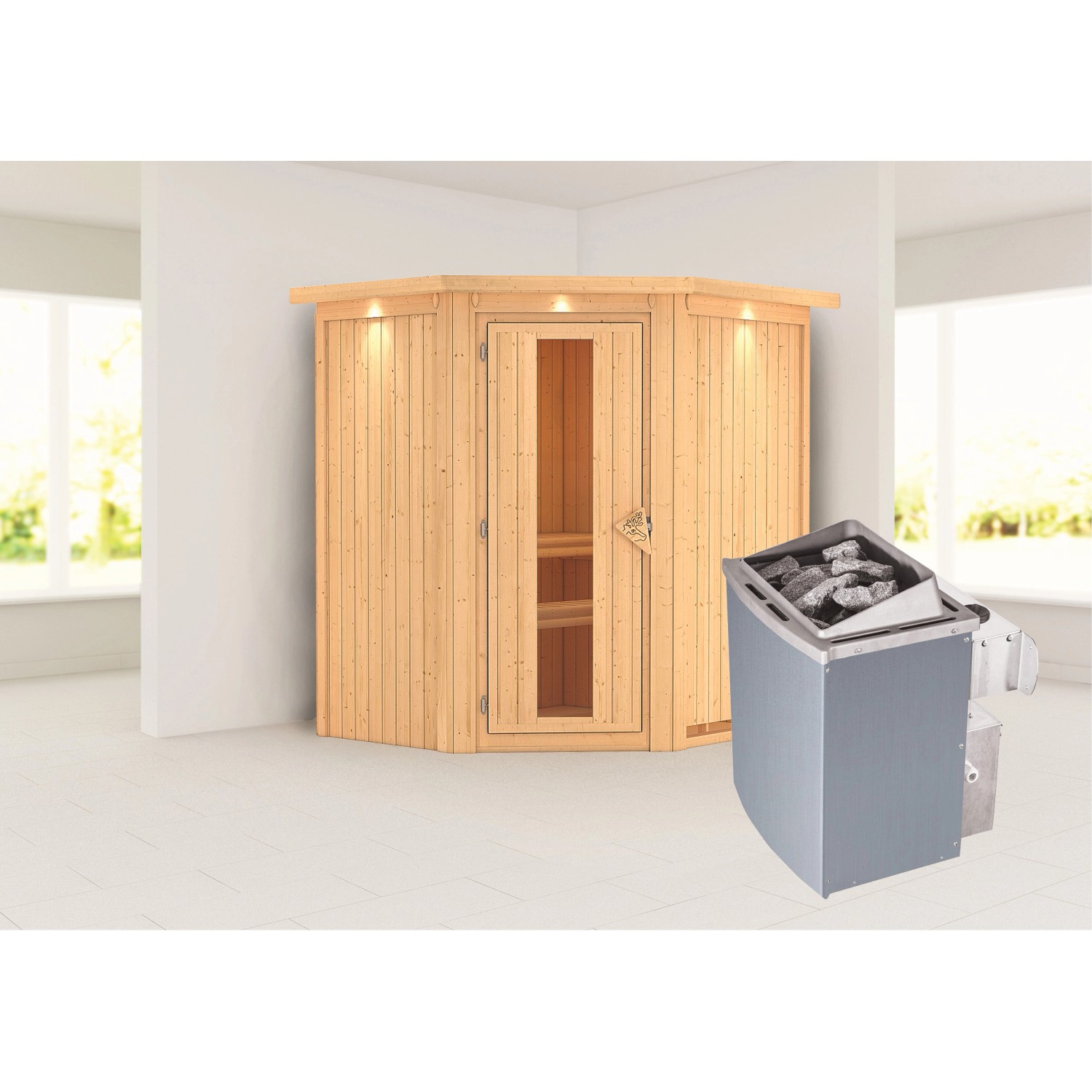 Karibu Sauna Tjorven + Ofen eing. Steuerung, Holz-Glastür, LED-Dachkranz günstig online kaufen