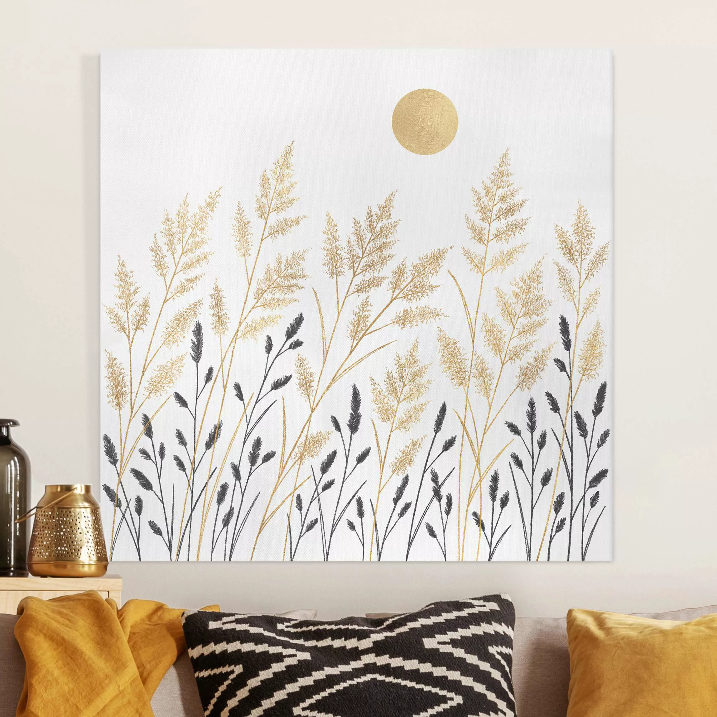 Leinwandbild Gräser und Mond in Gold und Schwarz günstig online kaufen