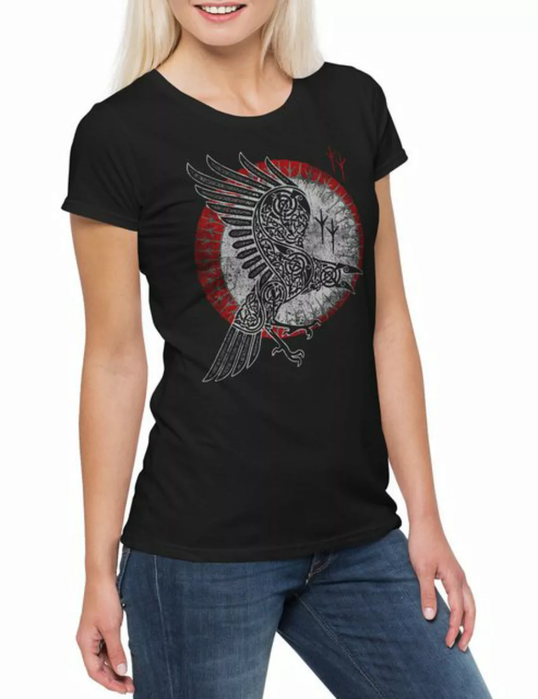 Urban Backwoods Print-Shirt Norse Raven Damen T-Shirt Runes Wikinger Raben günstig online kaufen