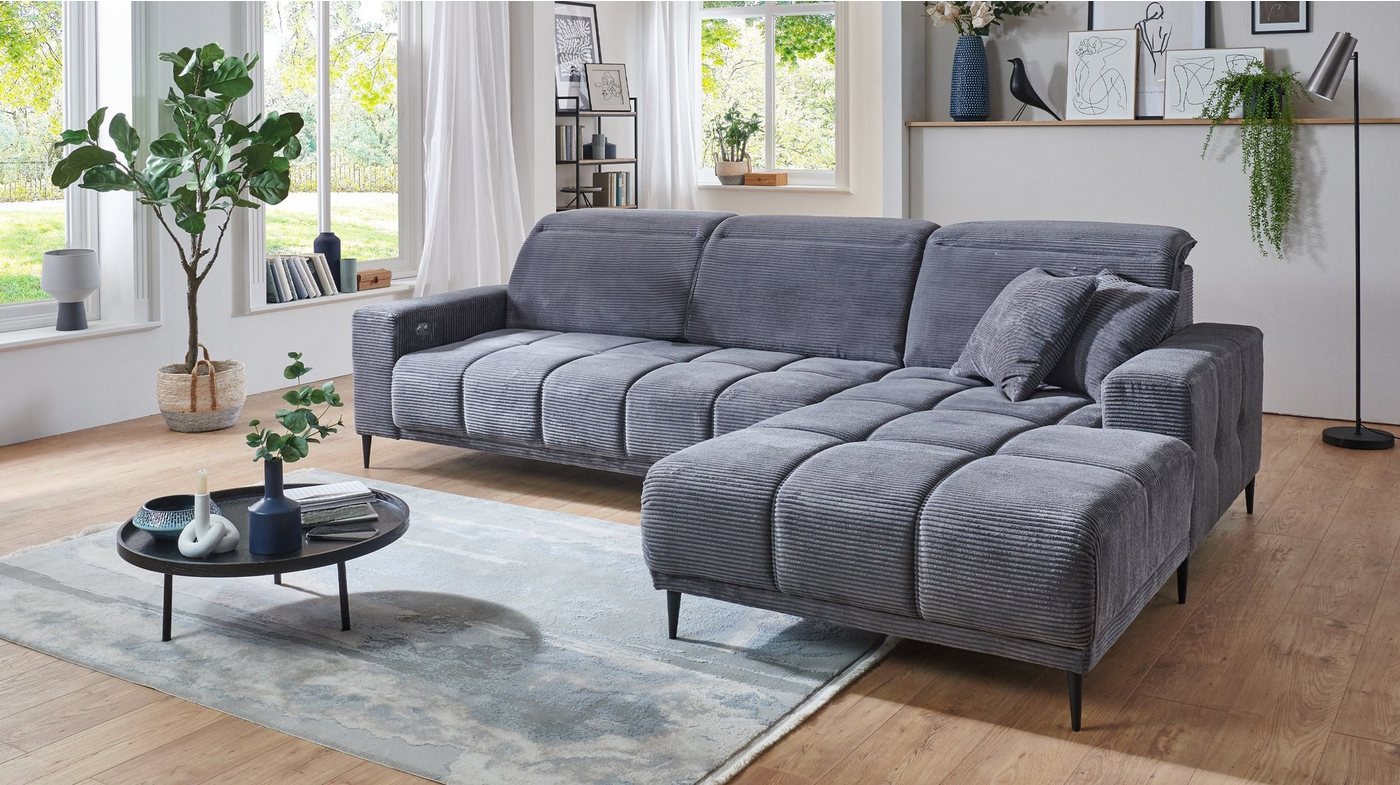 Massivart® Ecksofa MARISOL Cord grau / 286 cm, Cordsofa, Sitztiefenverstell günstig online kaufen