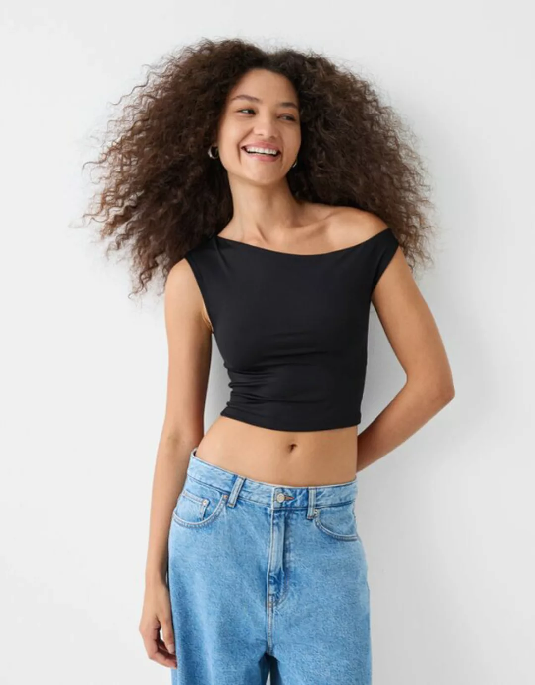 Bershka Ärmelloses, Asymmetrisches Shirt Damen L Schwarz günstig online kaufen