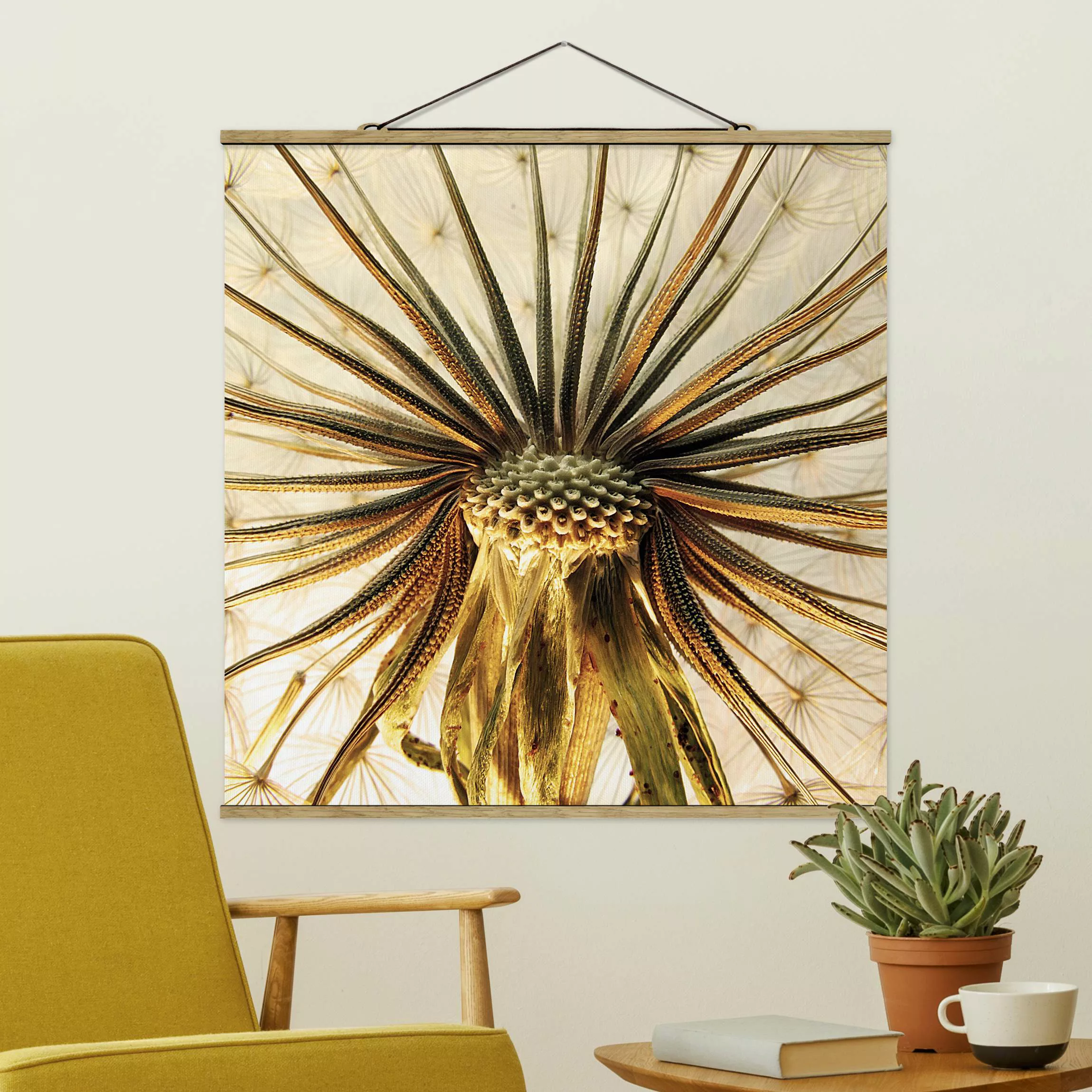 Stoffbild Blumen mit Posterleisten - Quadrat Dandelion Close Up günstig online kaufen