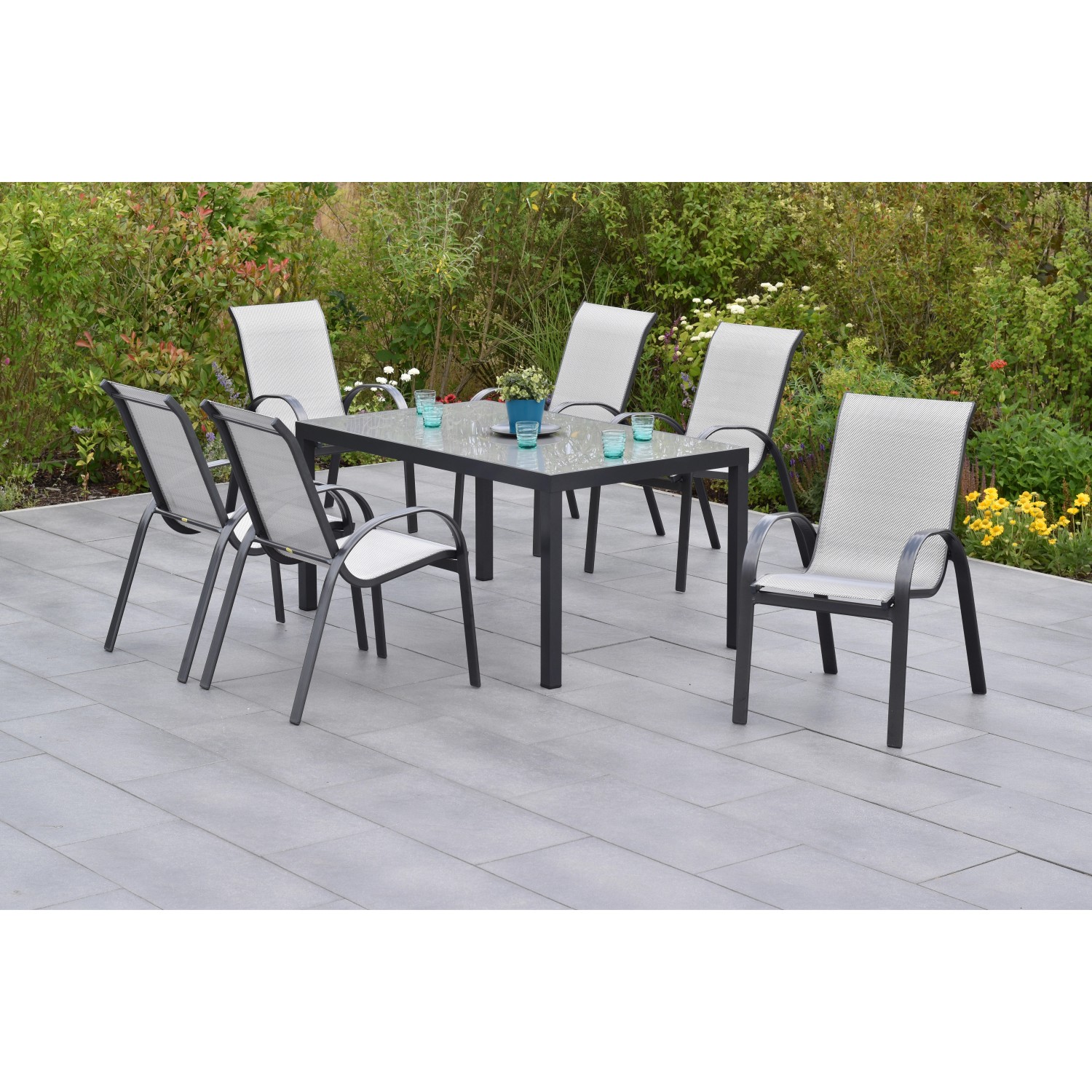 Merxx Amalfi Set 7-tlg. 6 Stapelsessel Gartentisch 150 x 90 cm Diamantbraun günstig online kaufen