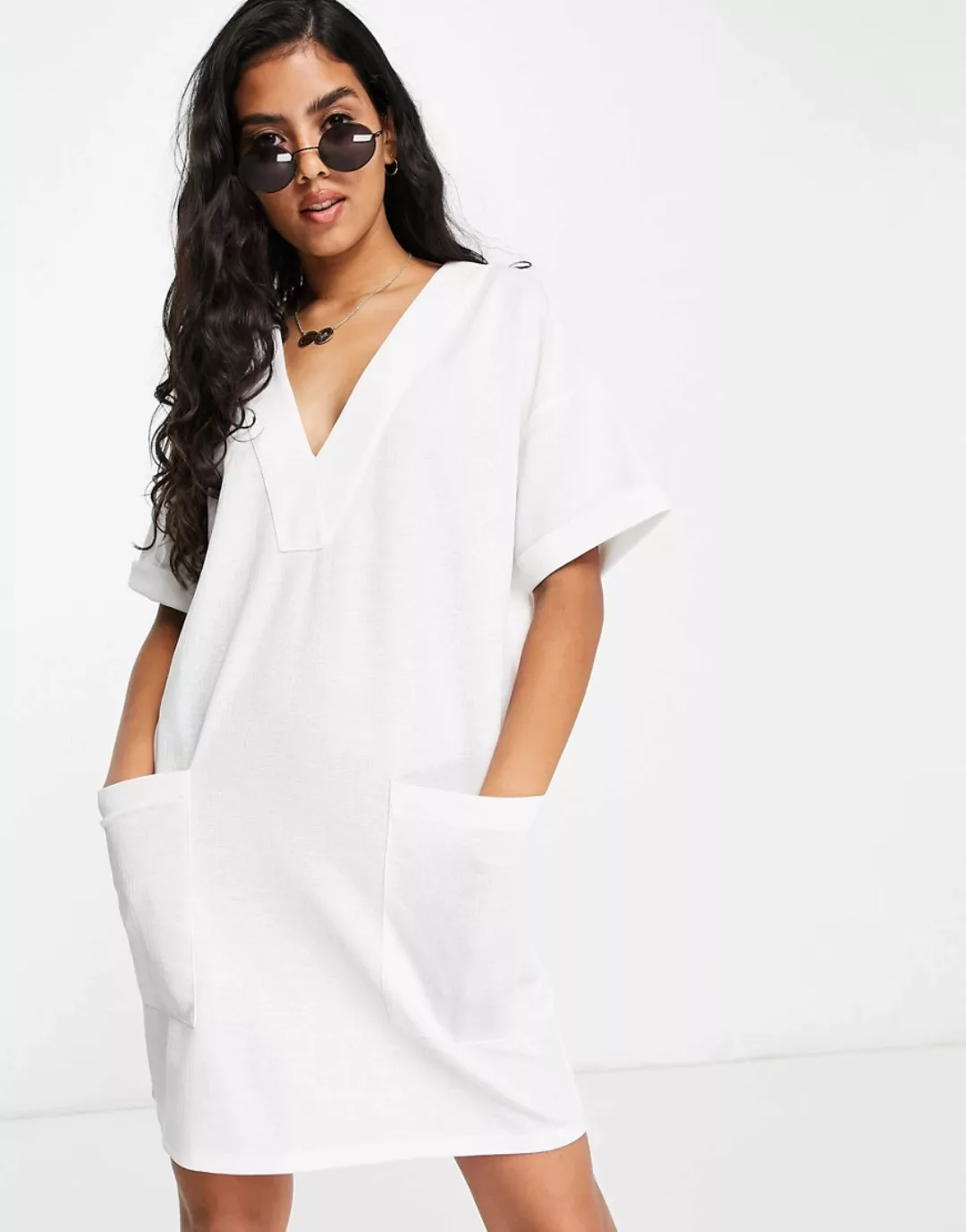 ASOS DESIGN – Oversize-T-Shirt-Kleid im Leinen-Look in der Farbe Elfenbein günstig online kaufen