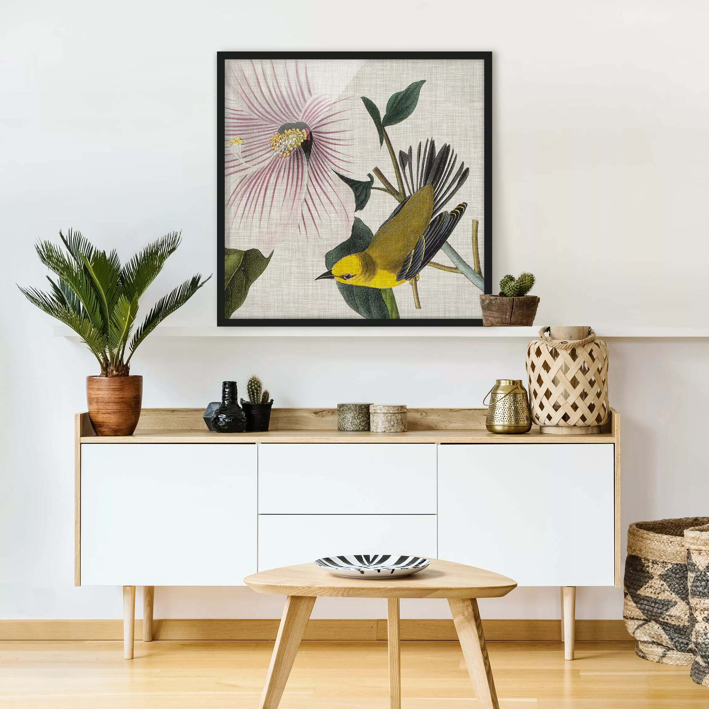 Bild mit Rahmen Blumen - Quadrat Vogel auf Leinen Gelb I günstig online kaufen