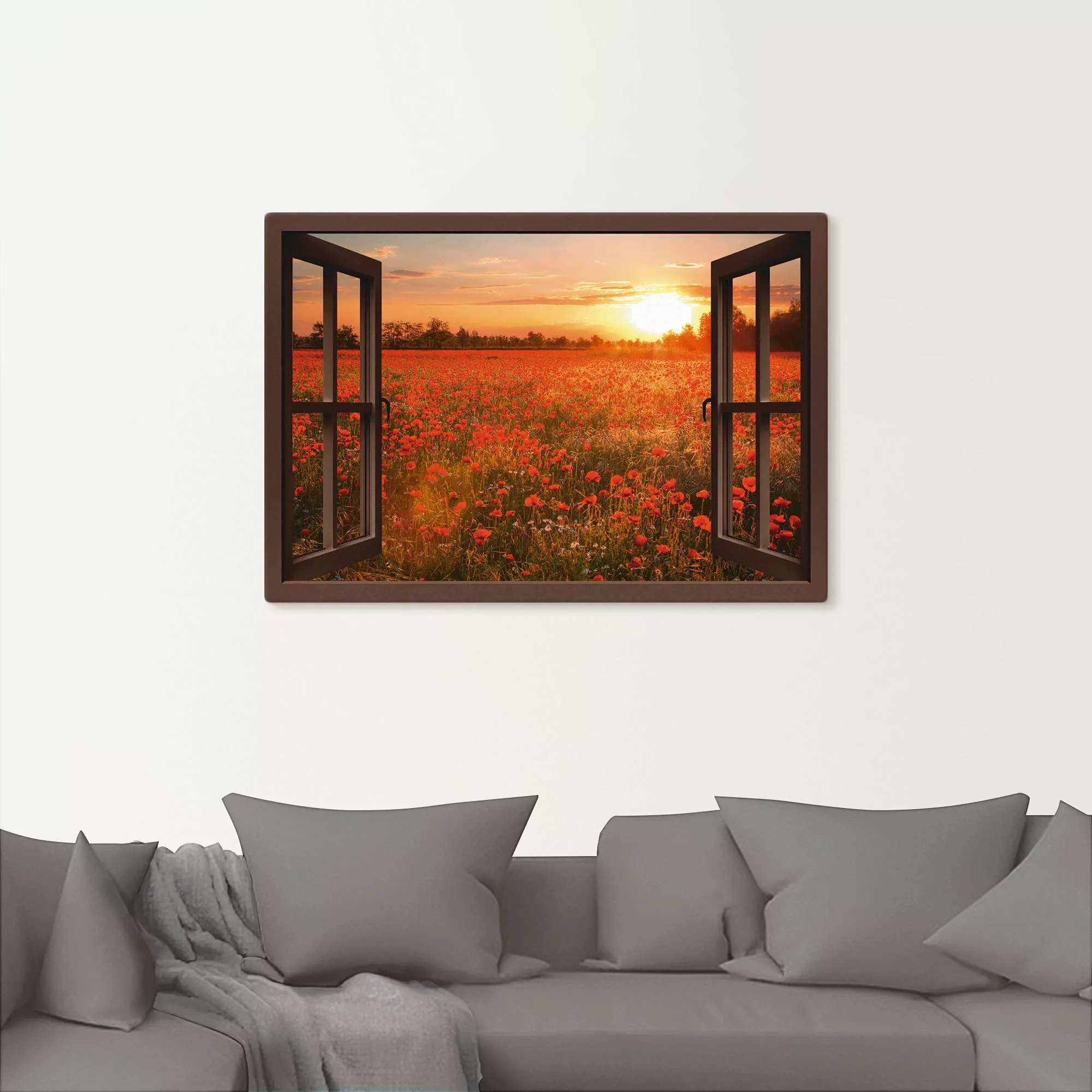 Artland Leinwandbild »Fensterblick Mohnblumenfeld - braun«, Blumen, (1 St.) günstig online kaufen