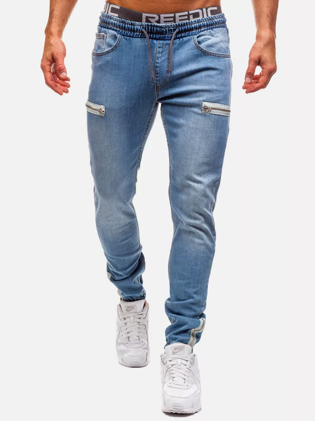 Mens Denim Zipper Washing Kordelzug Fit Casual Jeans günstig online kaufen