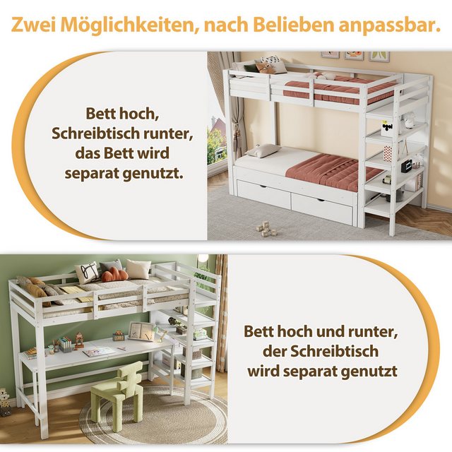 Flieks Etagenbett, Kinderbett 90x200+90x190cm beweglicher Tisch Schubladen günstig online kaufen