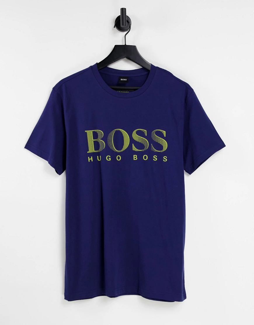 BOSS – Beachwear – T-Shirt in Marineblau mit großem Logo günstig online kaufen
