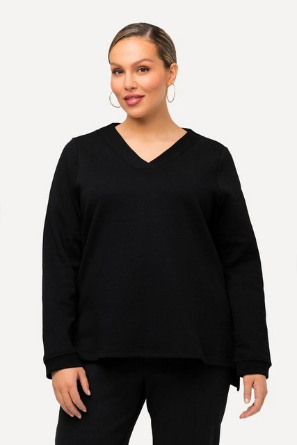 Ulla Popken Sweatshirt Sweatshirt BLACK-Gummidruck V-Ausschnitt Langarm günstig online kaufen