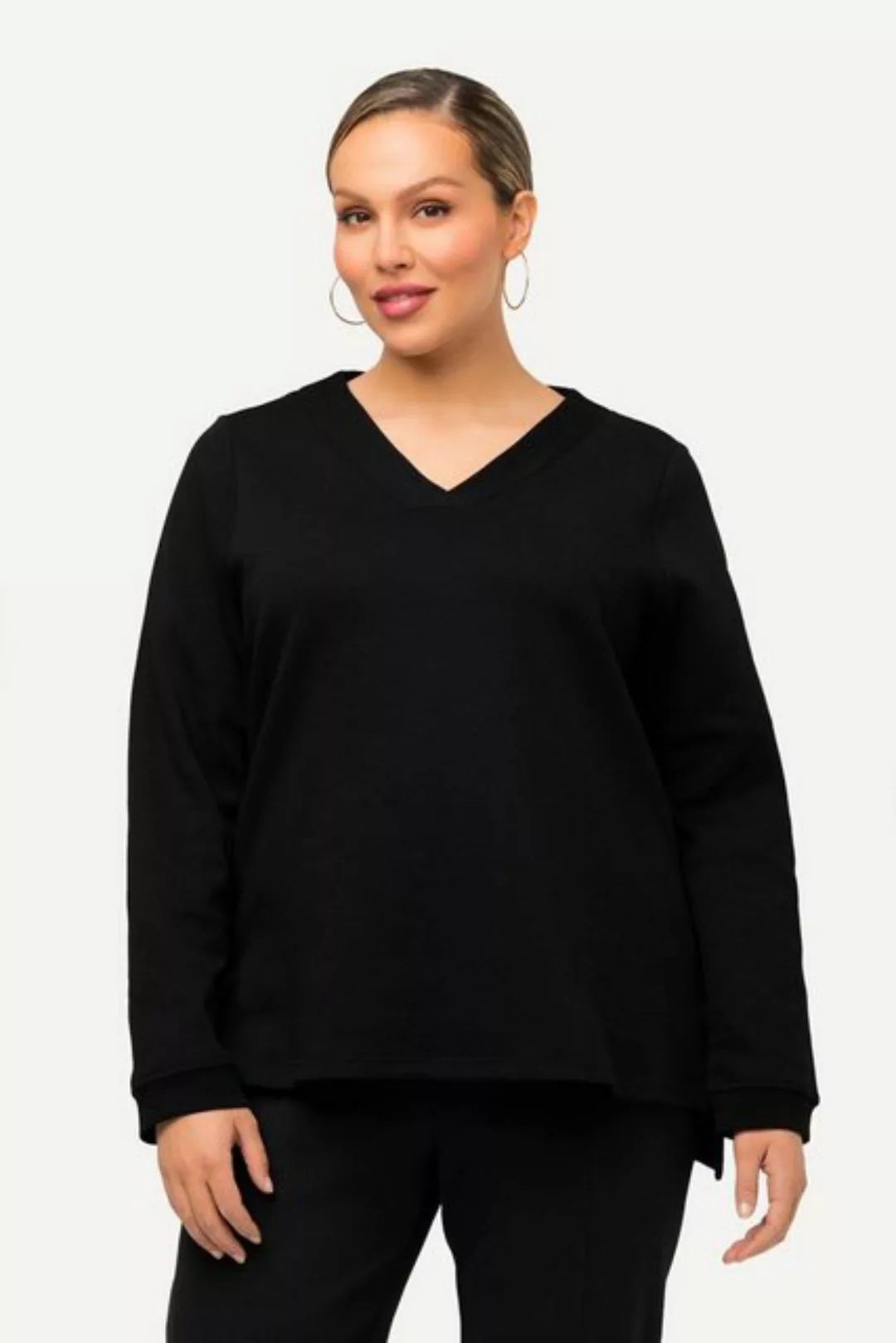 Ulla Popken Sweatshirt Sweatshirt BLACK-Gummidruck V-Ausschnitt Langarm günstig online kaufen