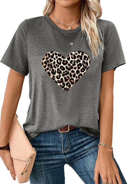 PYL Kurzarmshirt Damen Sommer Kurzarmbluse Locker Leopardenherz Print-Shirt günstig online kaufen