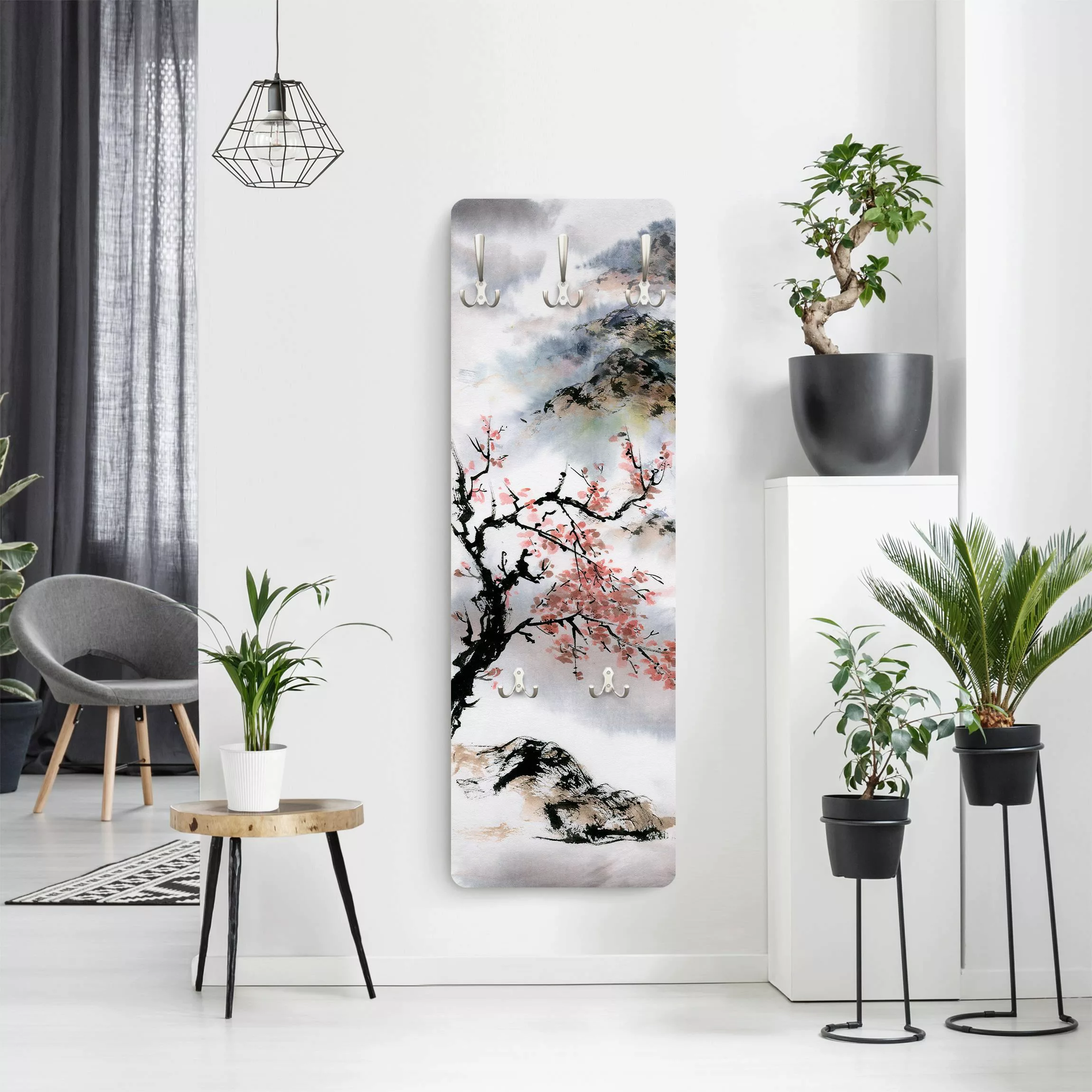 Wandgarderobe Japanische Aquarell Zeichnung Kirschbaum und Berge günstig online kaufen
