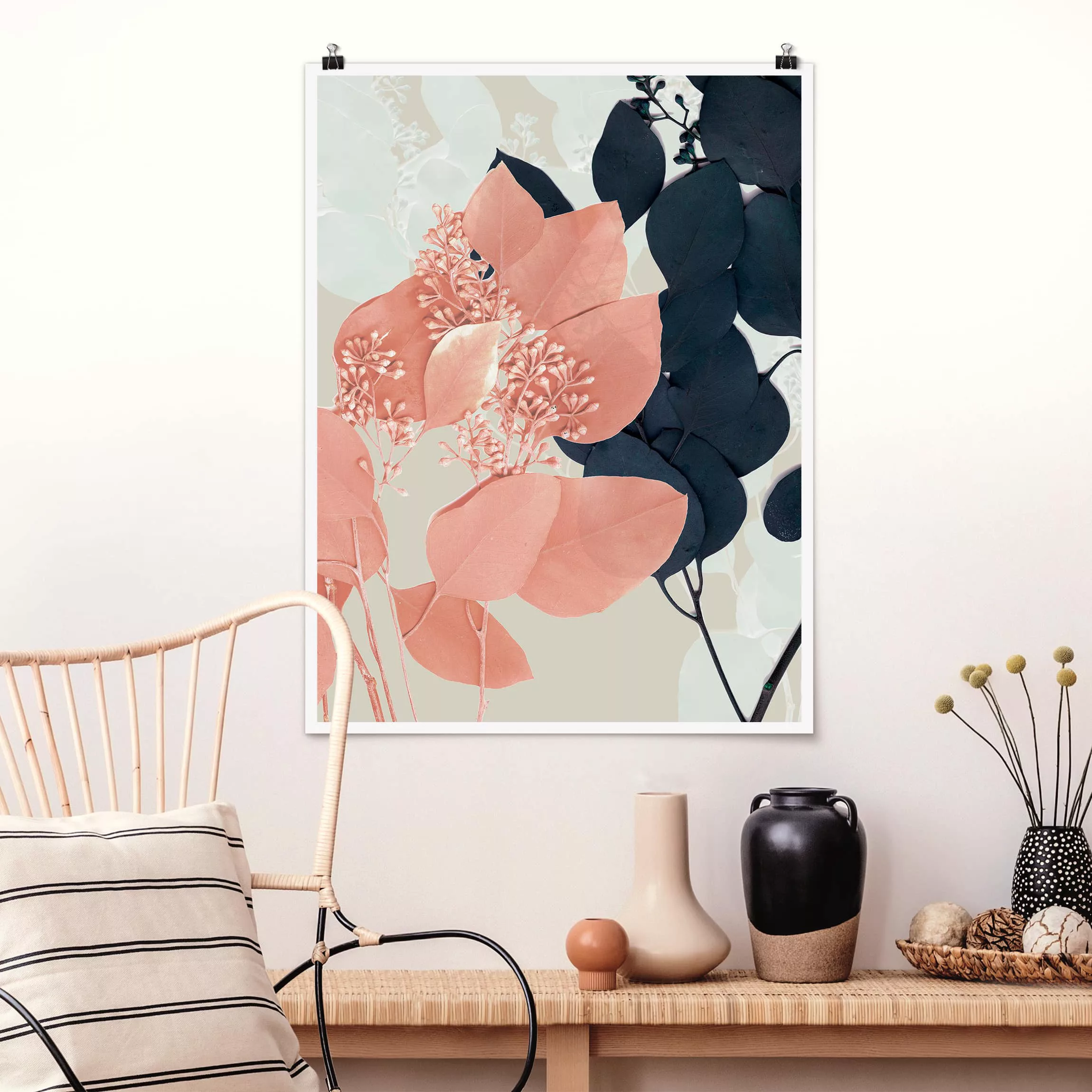 Poster Blumen - Hochformat Blätter Indigo & Rouge III günstig online kaufen