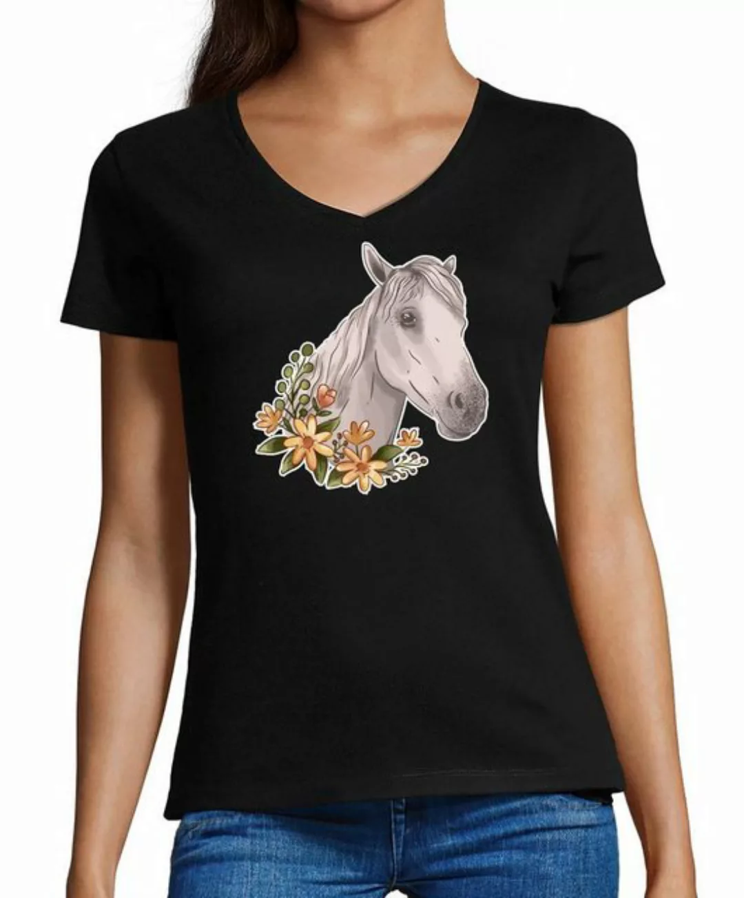MyDesign24 T-Shirt Damen Pferde Print Shirt - Weißes Pferd mit Blumenkranz günstig online kaufen
