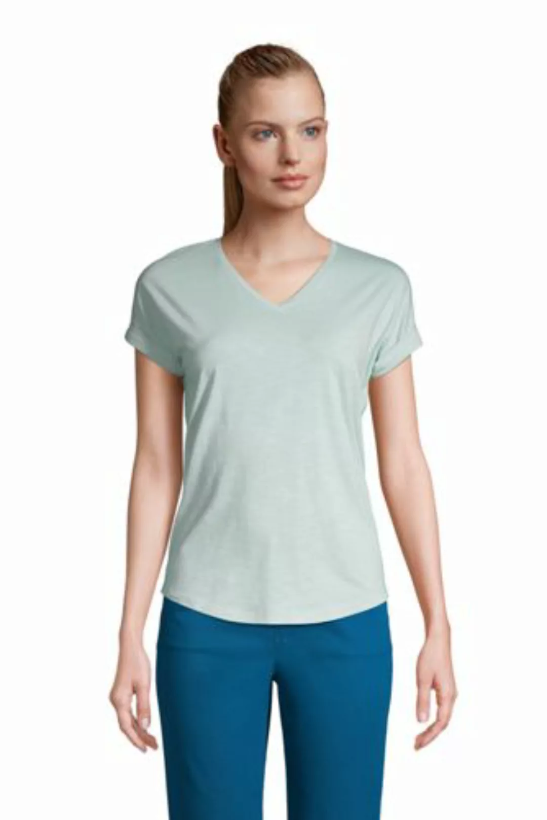 Shirt mit V-Ausschnitt aus Baumwolle/Modal, Damen, Größe: XS Normal, Grün, günstig online kaufen