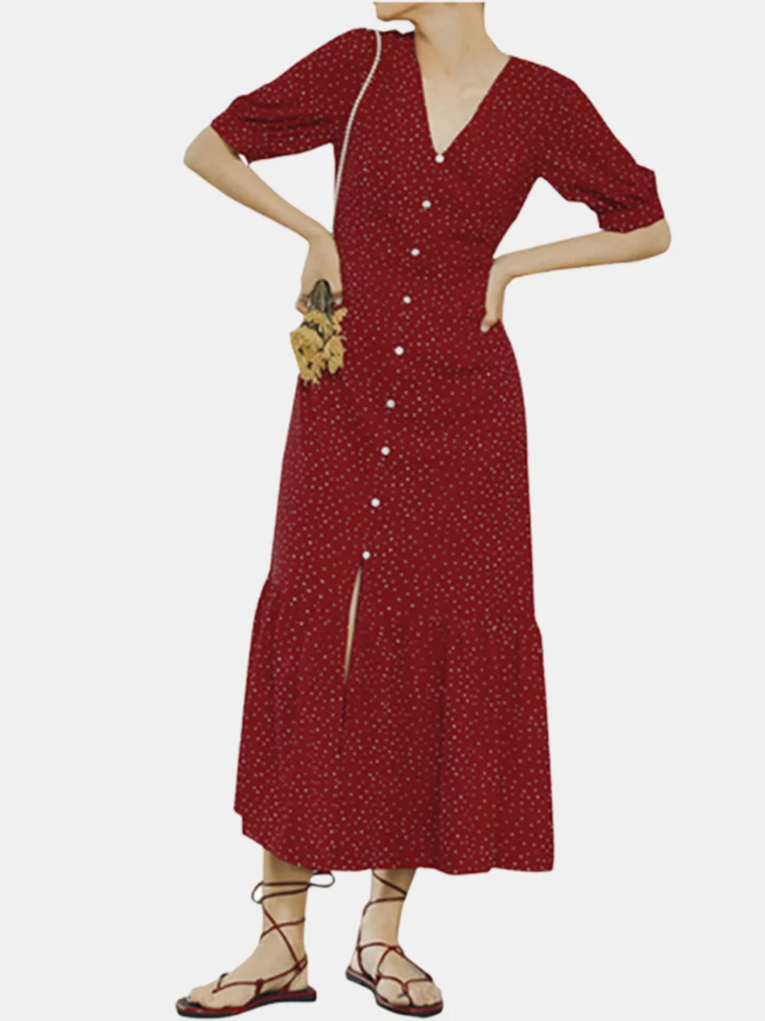 Vintage V-Ausschnitt Sommerferien Polka Dot Maxi Kleid günstig online kaufen