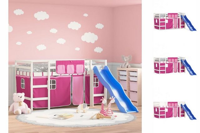 vidaXL Kinderbett Kinderhochbett mit Vorhängen Rosa 90x200 cm Massivholz Ki günstig online kaufen