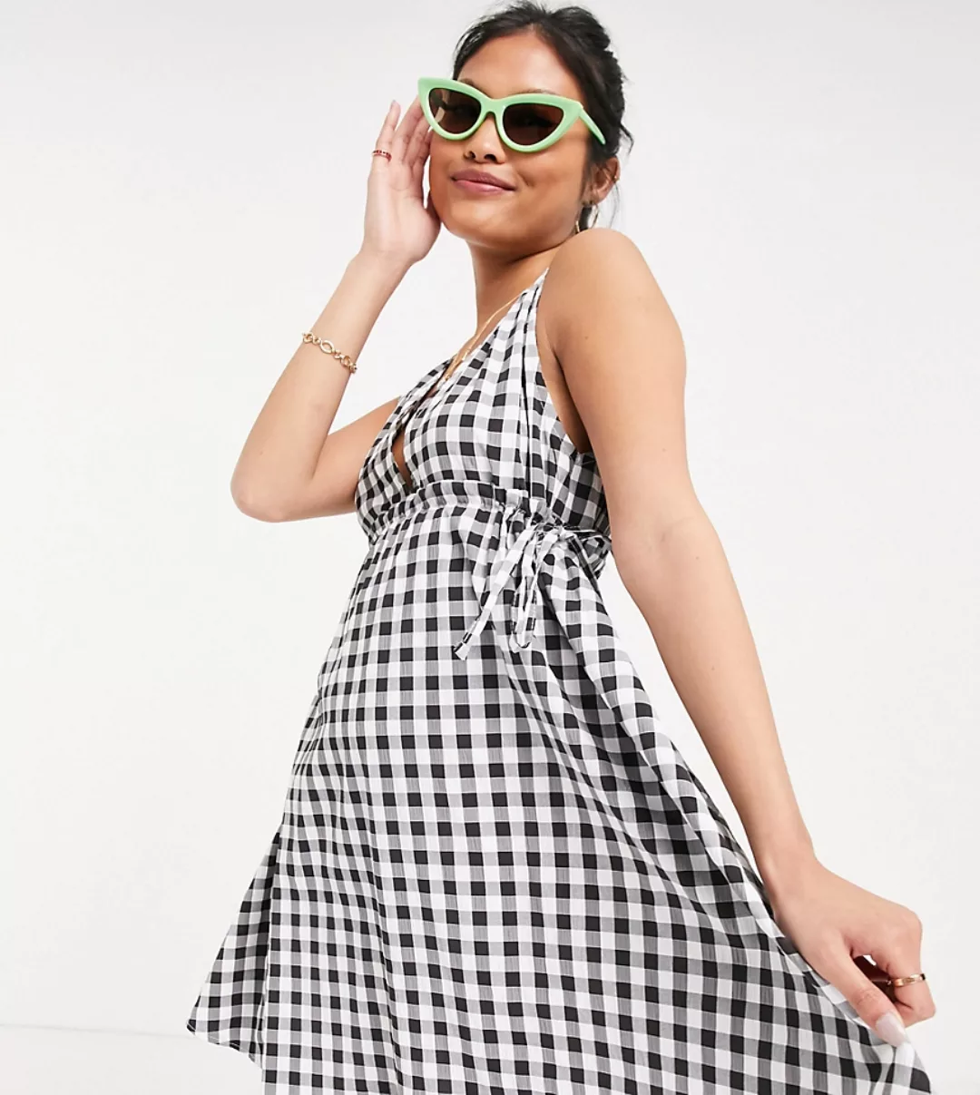 ASOS DESIGN Petite – Tief ausgeschnittenes Mini-Sommerkleid aus Popeline-Ba günstig online kaufen
