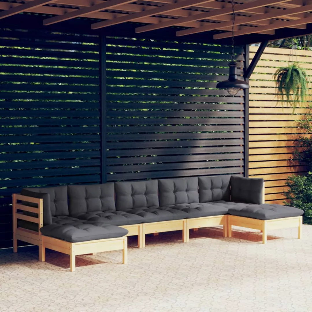 7-tlg. Garten-lounge-set Mit Grauen Kissen Kiefernholz günstig online kaufen