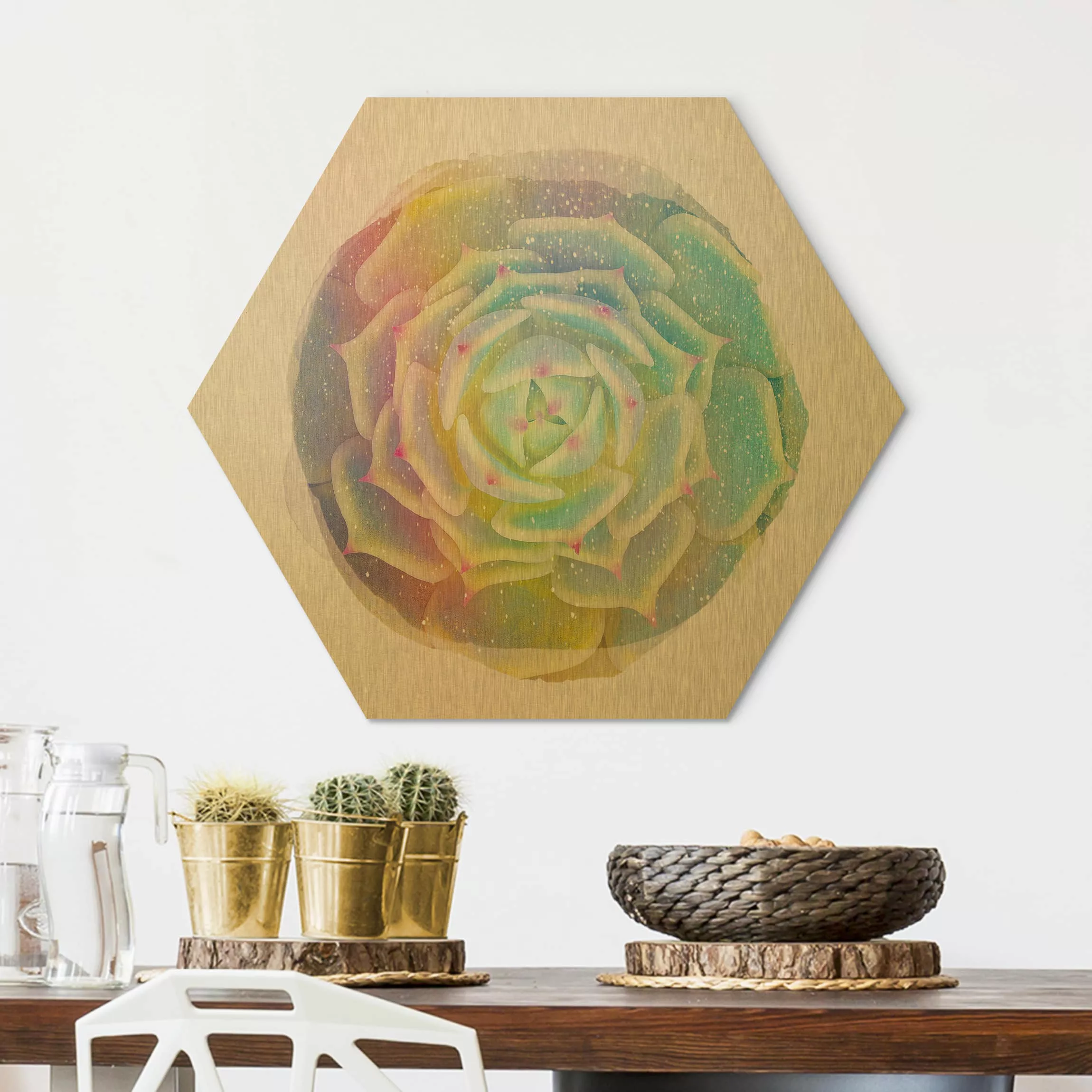 Hexagon-Alu-Dibond Bild Abstrakt Wasserfarben - Sukkulente - Echeveria Ben günstig online kaufen