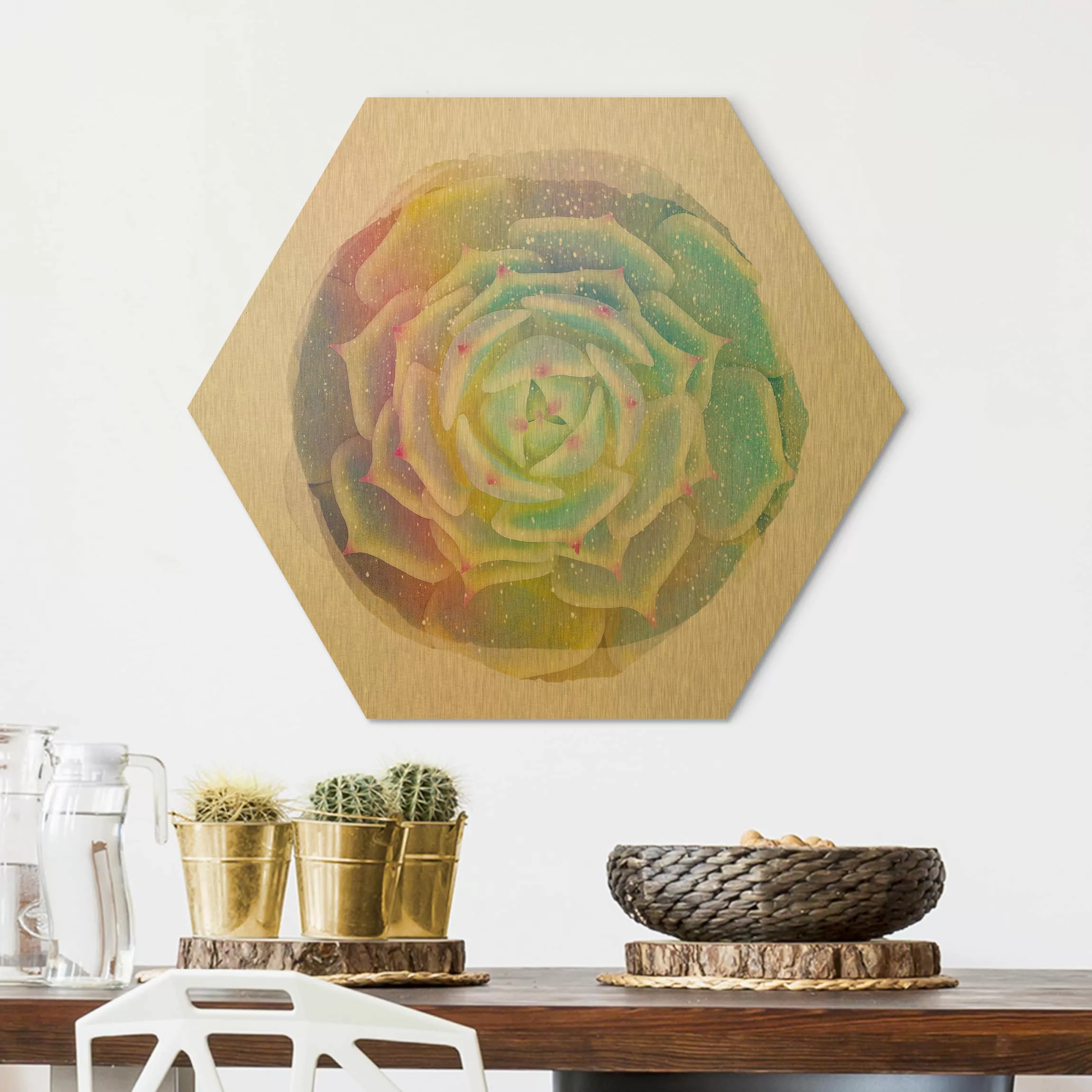 Hexagon-Alu-Dibond Bild Wasserfarben - Sukkulente - Echeveria Ben Badis günstig online kaufen