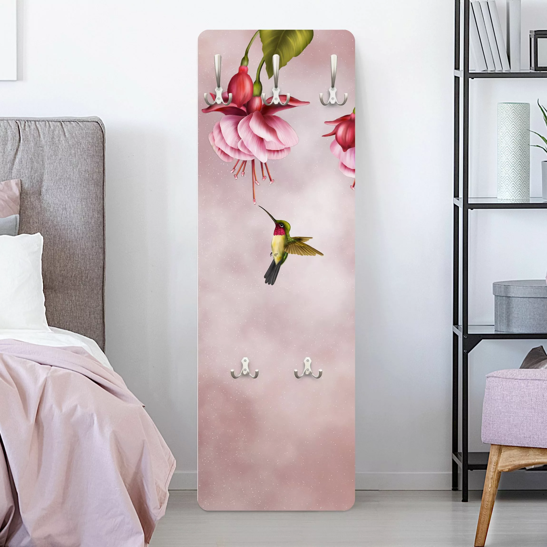 Wandgarderobe Holzpaneel Blumen Kolibri günstig online kaufen