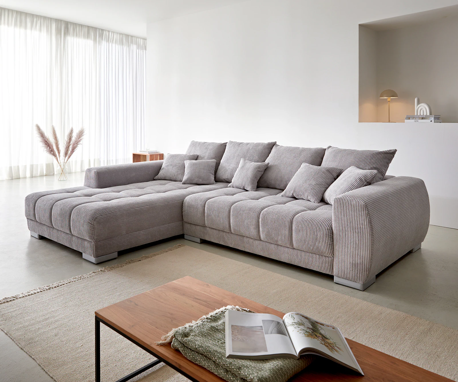 Ecksofa Josea 300x220 cm Cord Silbergrau Ottomane links günstig online kaufen