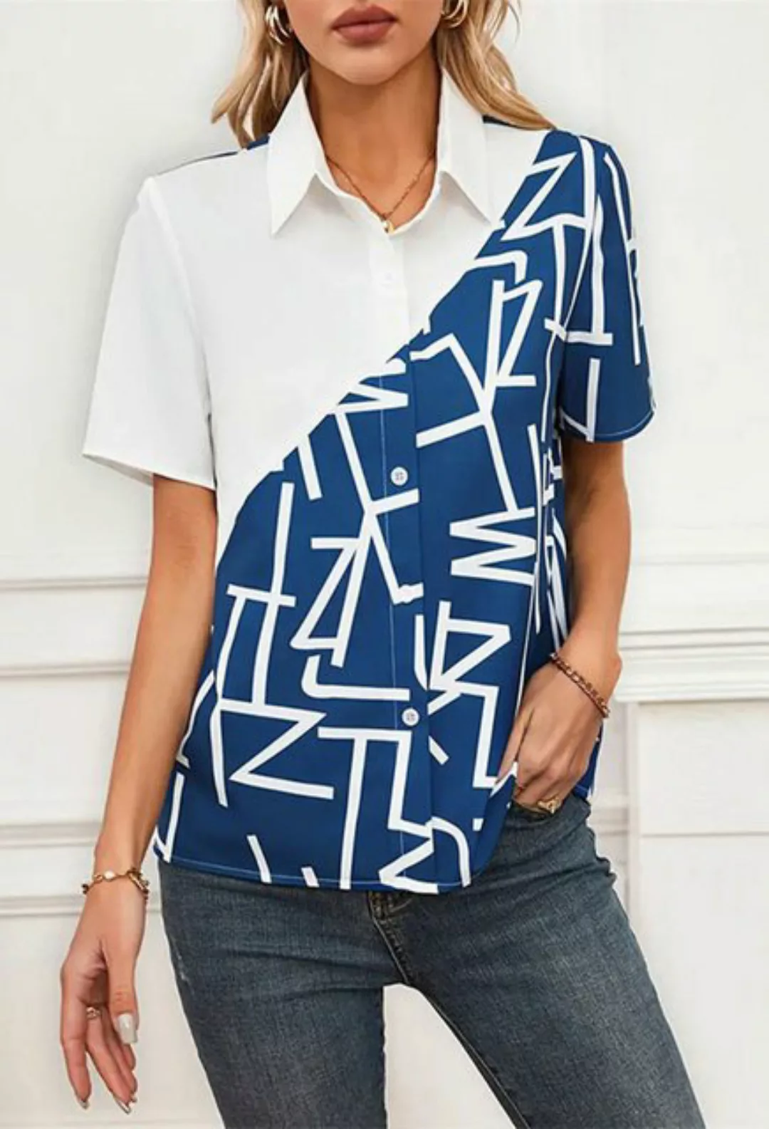 CHENIN Kurzarmhemd Frauen gedruckt Clashing Farbe Splicing unregelmäßige Ku günstig online kaufen