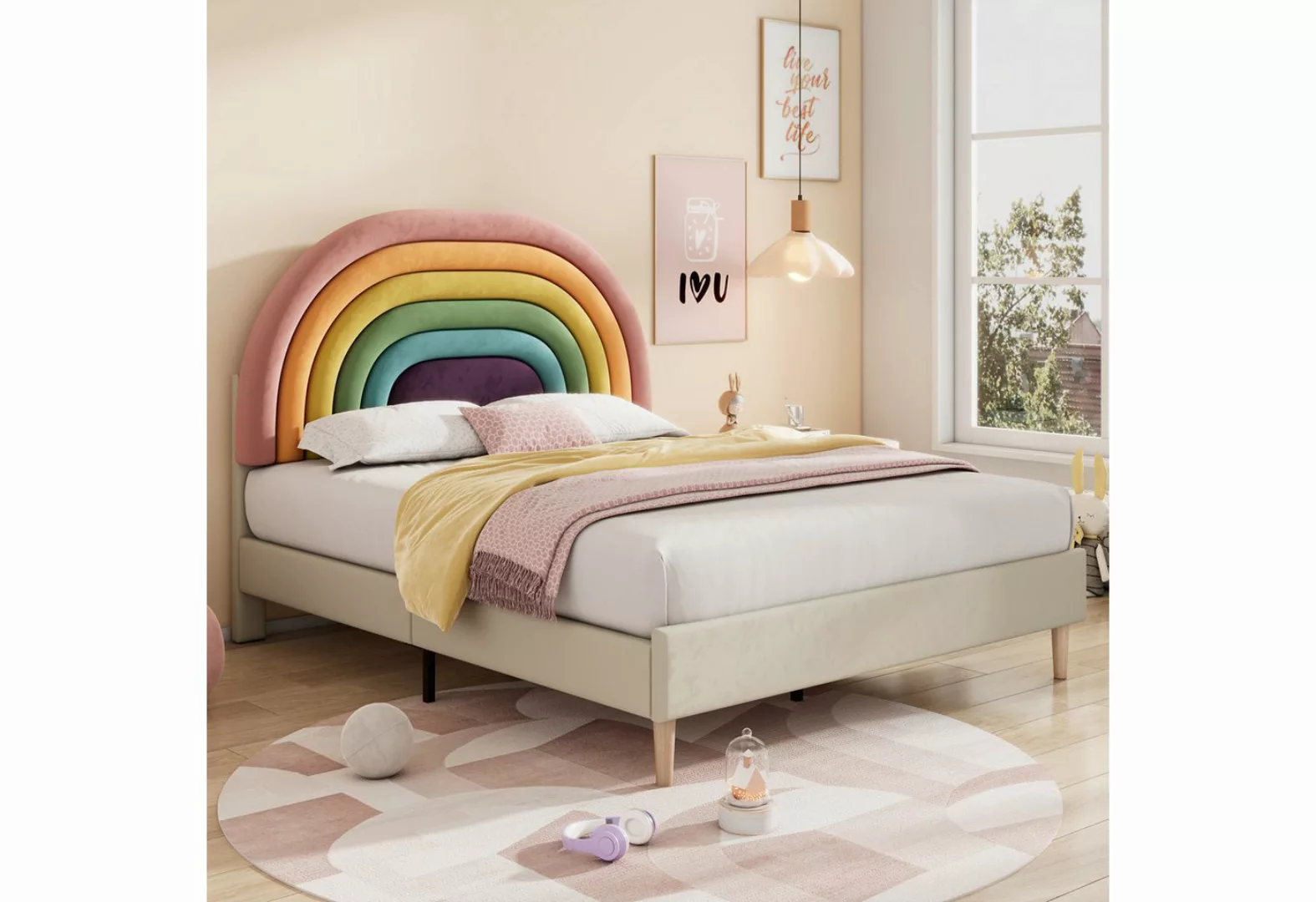 Flieks Polsterbett, Kinderbett mit verstellbarem Regenbogen-Kopfteil 140x20 günstig online kaufen