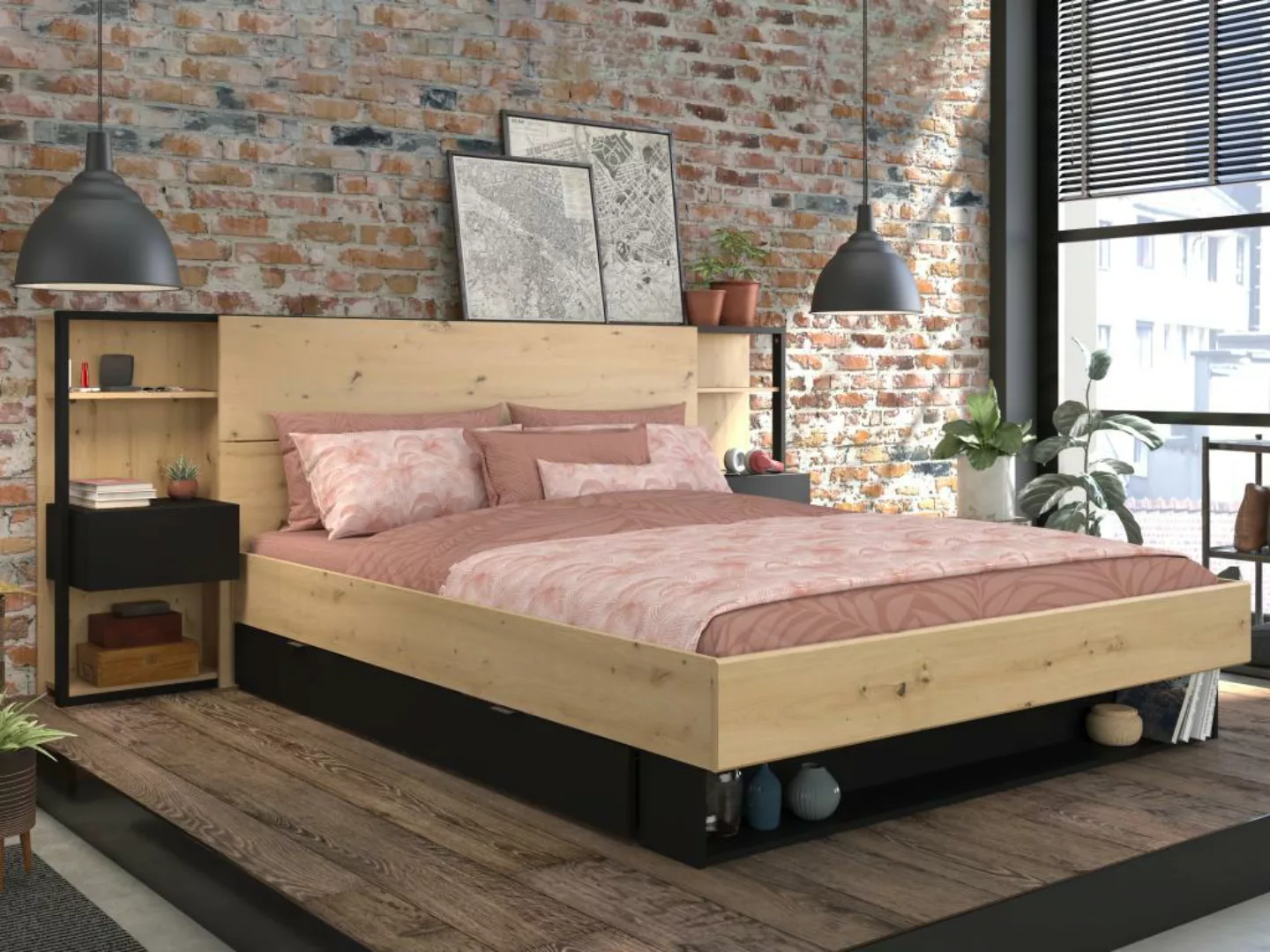 Bett mit intregierten Nachttischen & Stauraum - 160 x 200 cm - Naturfarben günstig online kaufen