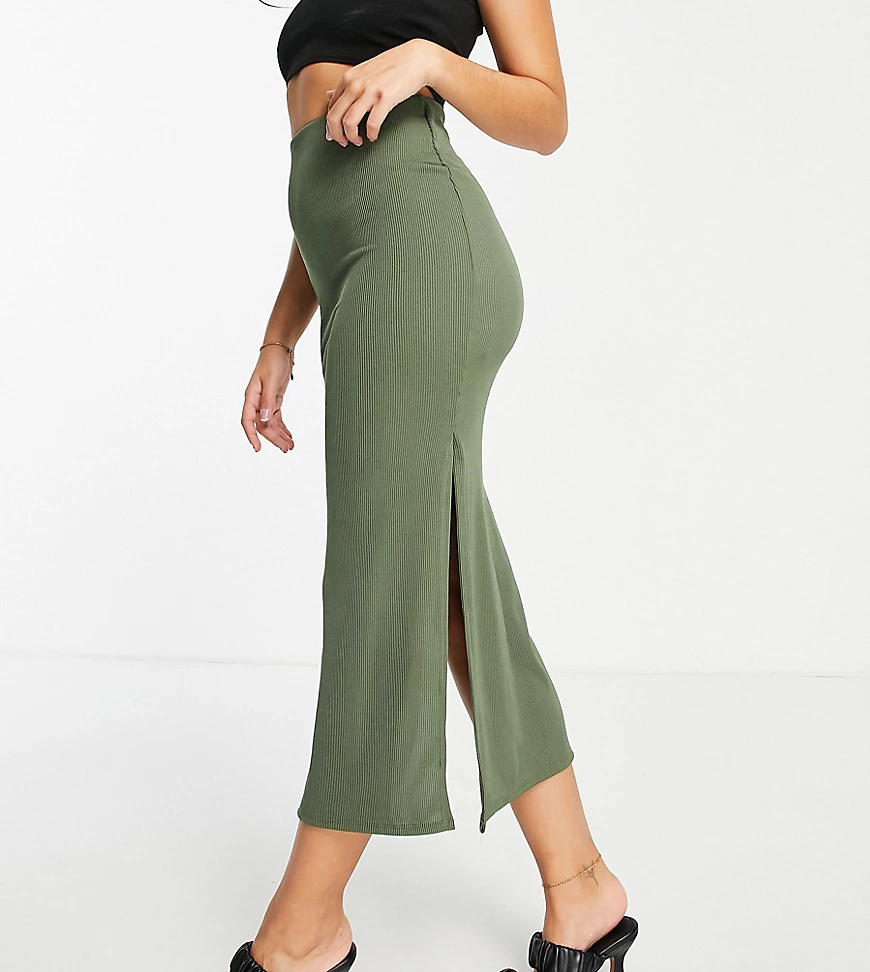 Flounce London Petite – Gerippter Midirock in Khaki mit Seitenschlitzen, Ko günstig online kaufen