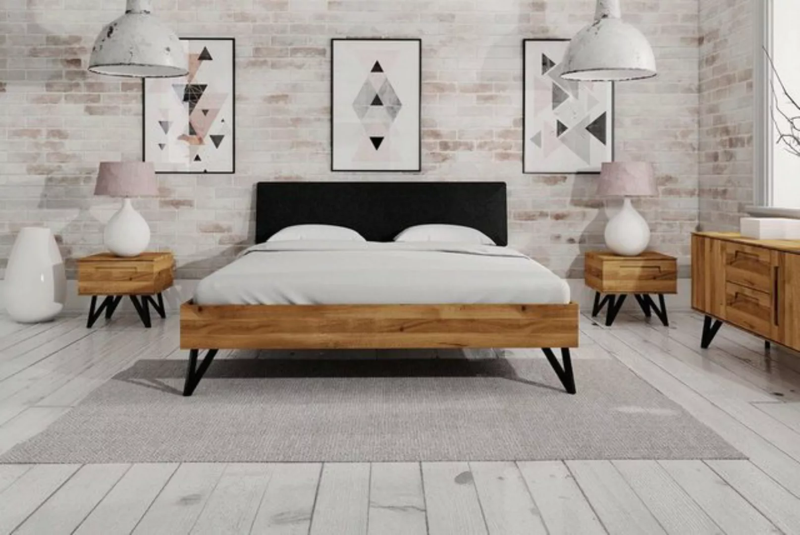 Natur24 Einzelbett Bett Rolo 1 Sonderlänge 90x220 Wildeiche mit Polsterkopf günstig online kaufen